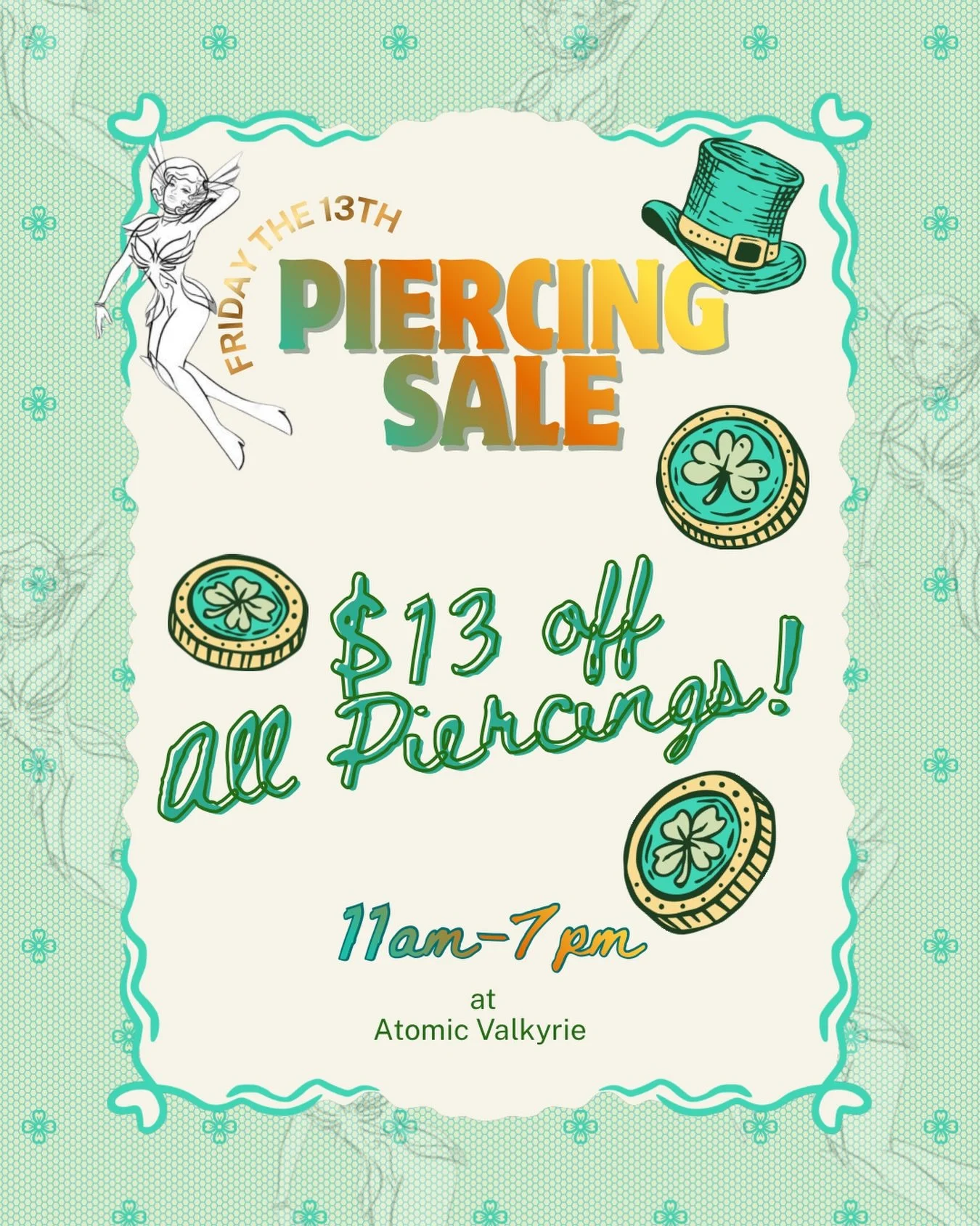 🍀💛Friday the 13th Piercing Special💛🍀
Last month we did flash tattoos, so this Friday the 13th we&rsquo;re switching it up&hellip;
‼️$13 OFF every piercing!‼️

💎Implant-grade titanium jewelry
💎Internally threaded or threadless jewelry
✨Performed