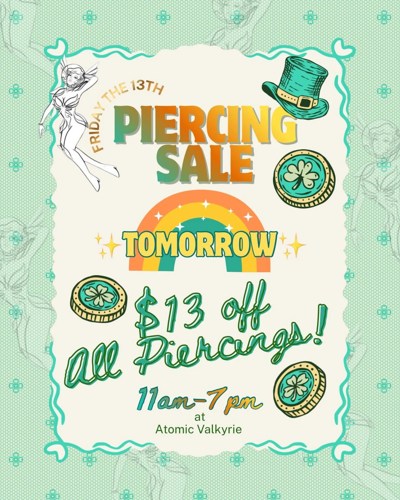 Incase you missed it, we&rsquo;re having our Friday the 13th piercing special tomorrow!
$13 OFF every piercing tomorrow only!

💎Implant-grade titanium jewelry
💎Internally threaded or threadless jewelry
✨Performed by trained piercers
✨Sterile, singl