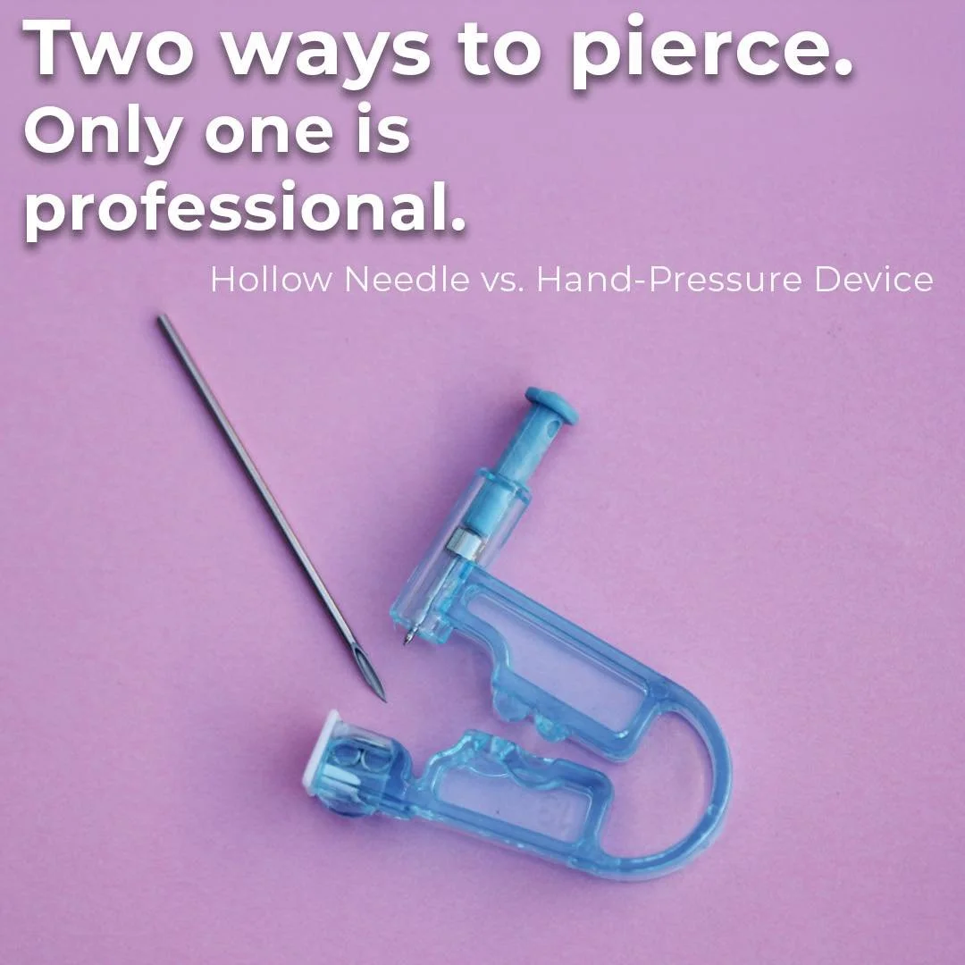 ✨There&rsquo;s a big difference between piercing with a hollow needle and using devices that force a stud through tissue.

Professional piercers use sterile hollow needles designed to create a clean channel for jewelry with minimal trauma.

Many pres