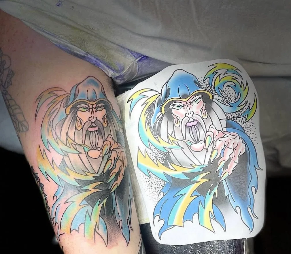 ⚡️Rhiannah worked her magick on this Traditional style piece!⚡️ Full color DND electric wizard by @bodyartbyrhiannah #tradtattoos #tradwork #dndtattoos #wizardtattoos #traditionaltattoos