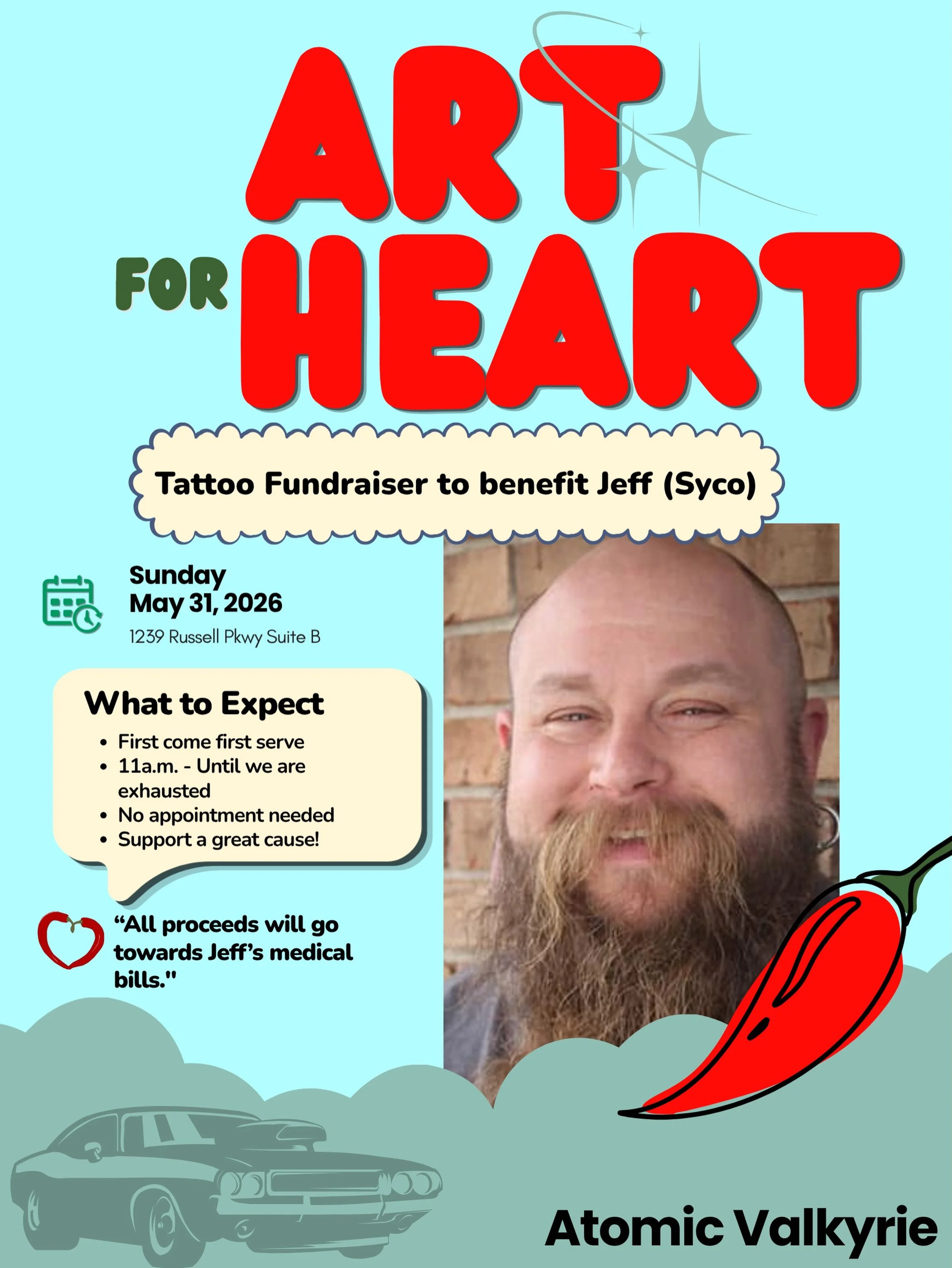 ‼️Fundraiser Announcement‼️
Recently, our piercer Jeff (Syco) suffered a heart attack and has been in the hospital receiving treatment and preparing for surgery to install a pacemaker. This has caused immense financial and emotional stress for him an