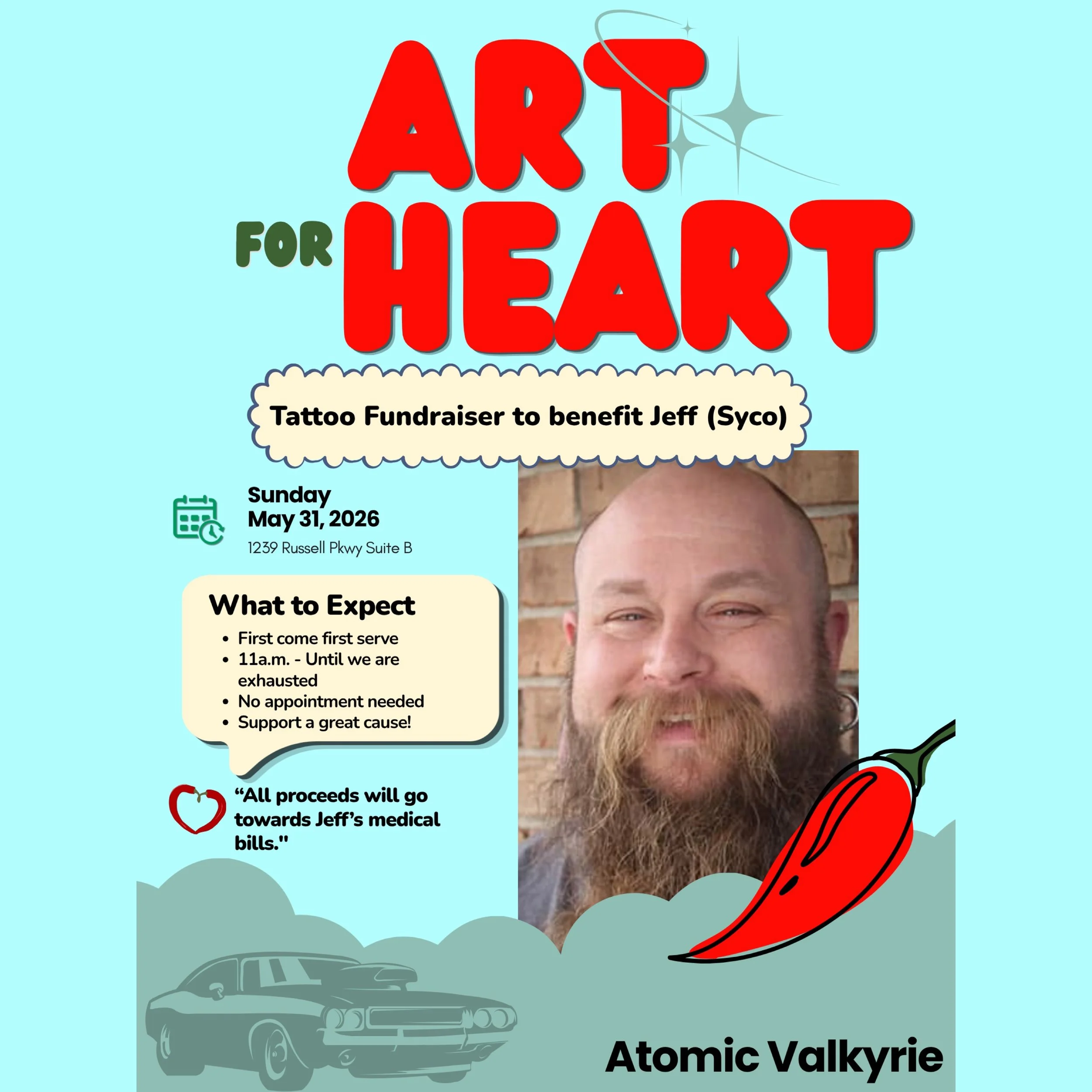 🌶️ ‼️TODAY IS THE DAY‼️🌶️
Our doors will be opening soon, and we have lots of great flash available from our artists and special guest Jonathan Kirby helping us out today! We hope you stop by and help keep us busy the entire day for Jeff❤️&zwj;🔥 
