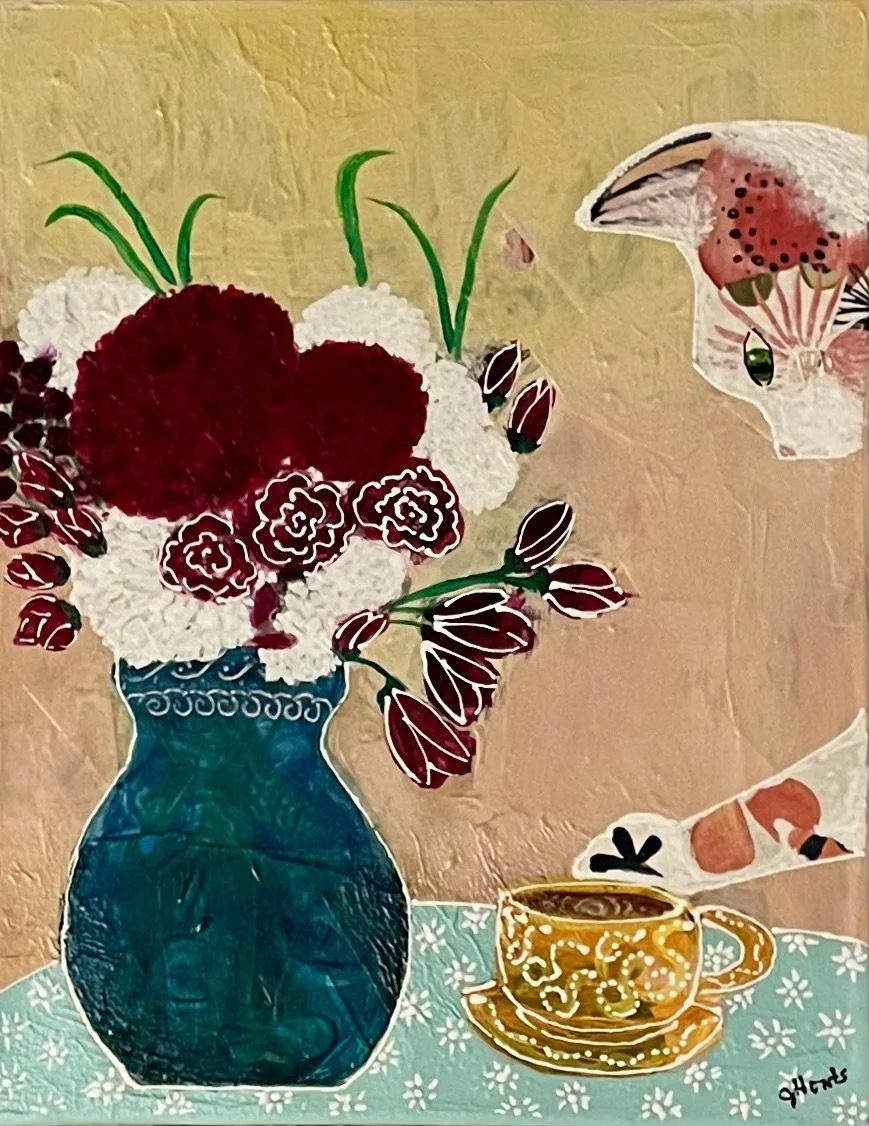 "She Looks Sweet Tho"
Mixed Media on canvas, 11x14

She was only curious.
The flowers were minding their business.
The tea was perfectly safe… for now.

This piece began as a simple still life and slowly revealed a moment of quiet domestic chaos—froz