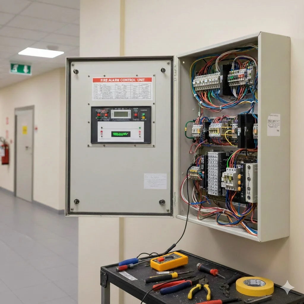 Open electrical fire alarm control panel with tools on a black work surface.