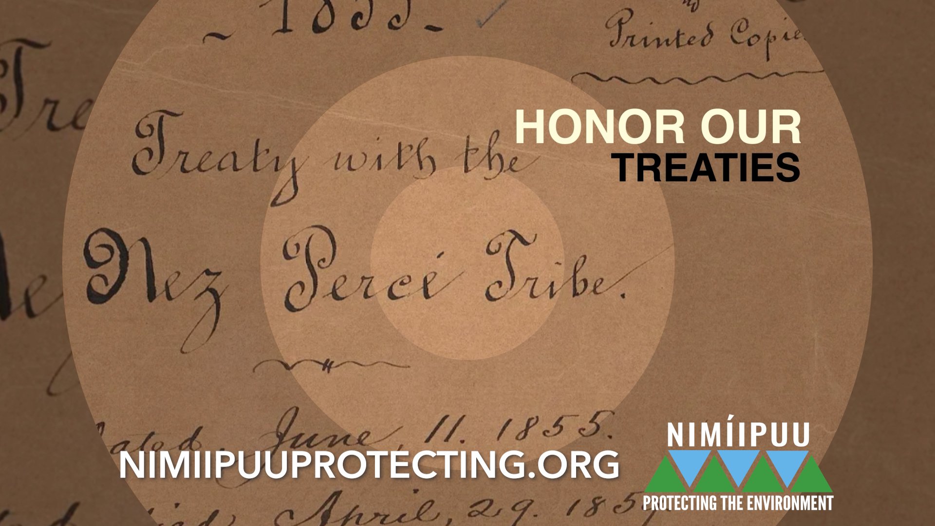 A vintage handwritten letter or document with an overlay text that says "Honor Our Treaties" in bold white and black font. The background includes cursive script, and there are branding elements at the bottom for Nimiipuu Protecting the Environment and NIMIPUU.org.