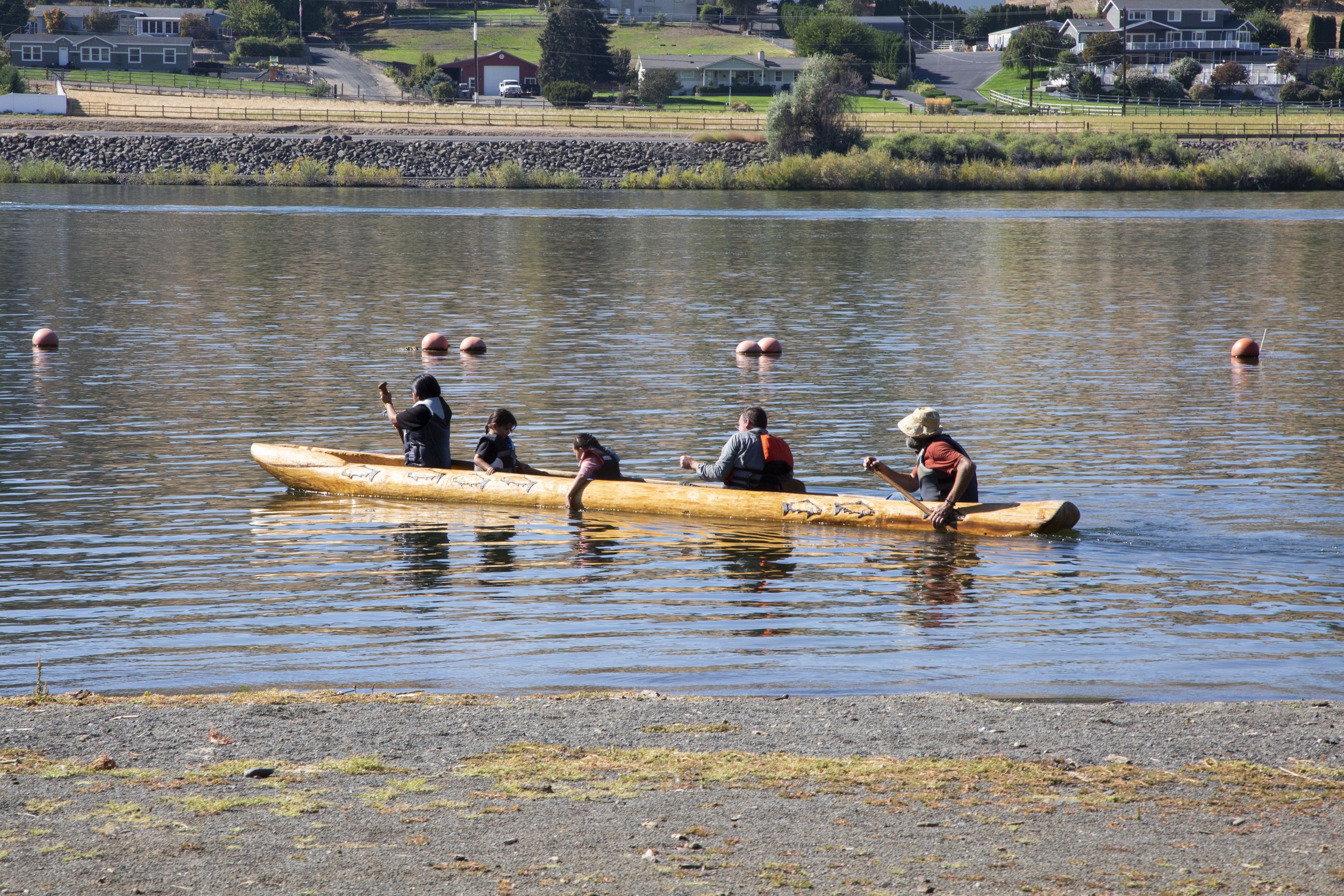 People in a wooden canoe paddling across a body of water with buoys floating nearby, and a residential neighborhood on a hill in the background.
