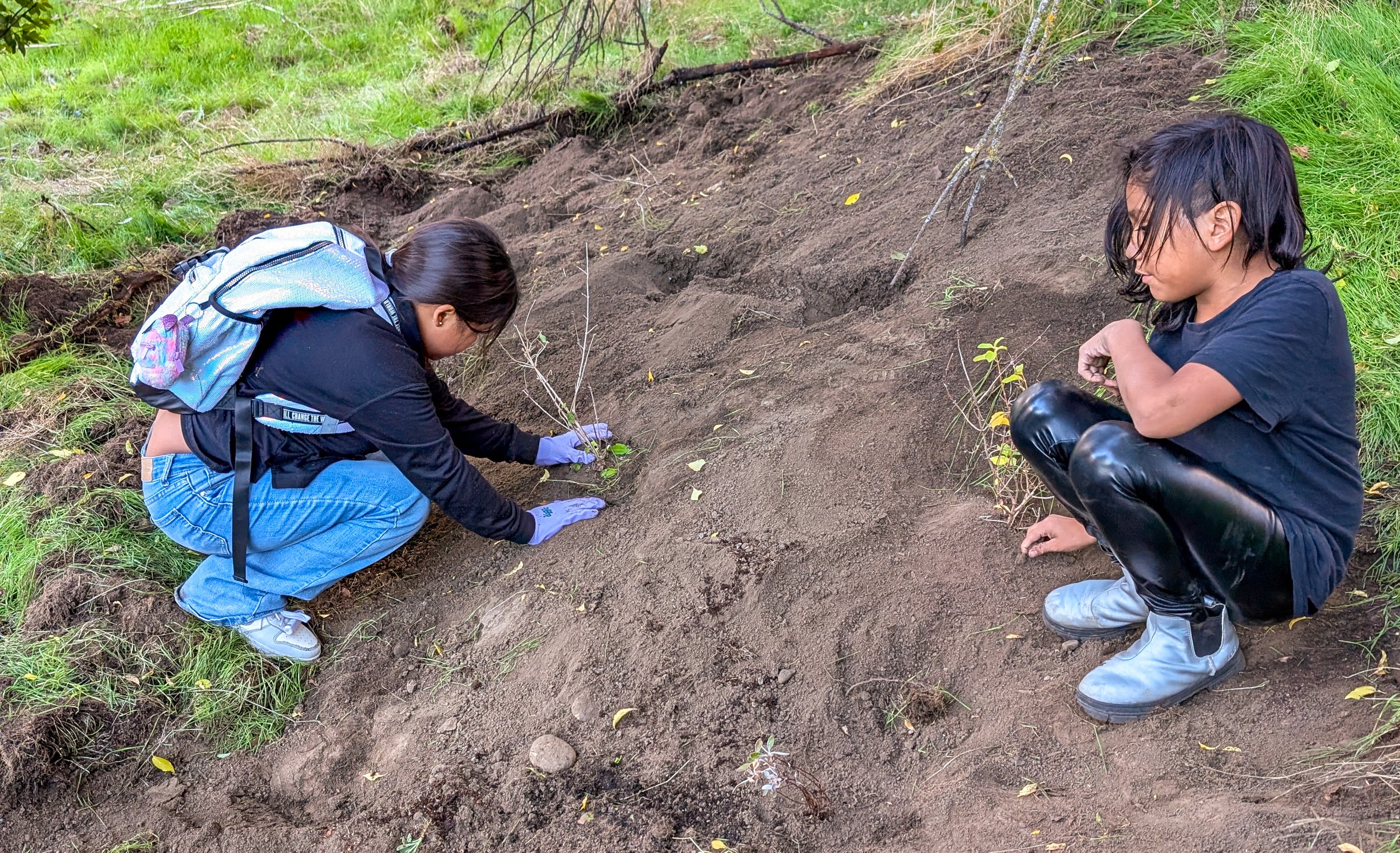 Two children planting small plants in a garden bed, surrounded by greenery.