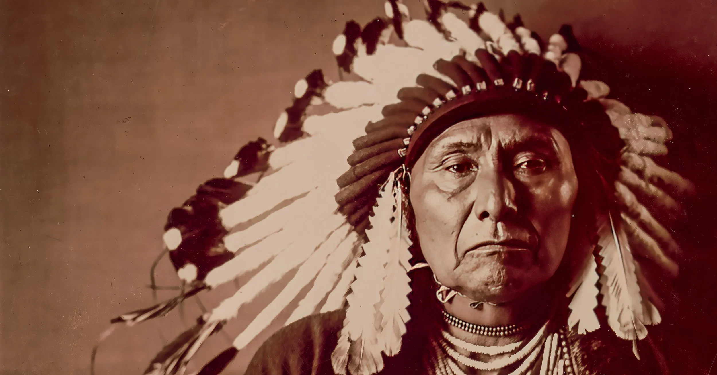 Close-up of Native American man wearing a traditional feathered headdress with serious expression.