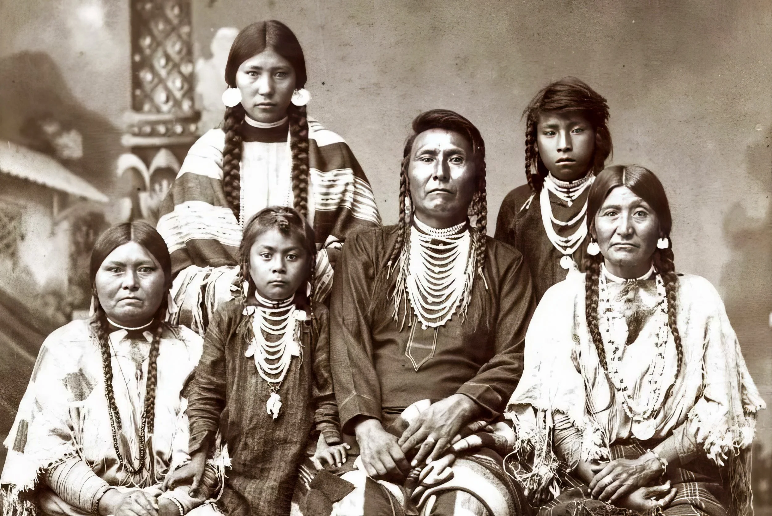 Black and white photograph of seven Indigenous people, four women and three children, wearing traditional clothing and jewelry. They are posed outdoors against a plain background.