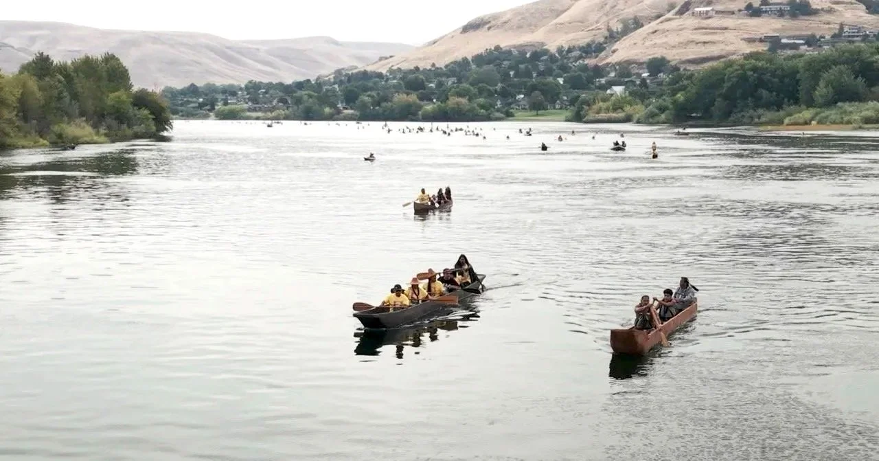 Snake River Flotilla - Indigenous dugout canoes, kayaks, canoe families, Indigenous youth from Klamath and Elwha Rivers and friends gather to honor Nez Perce 1855 Treaty to save wild salmon, save orcas and breach lower Snake River dams