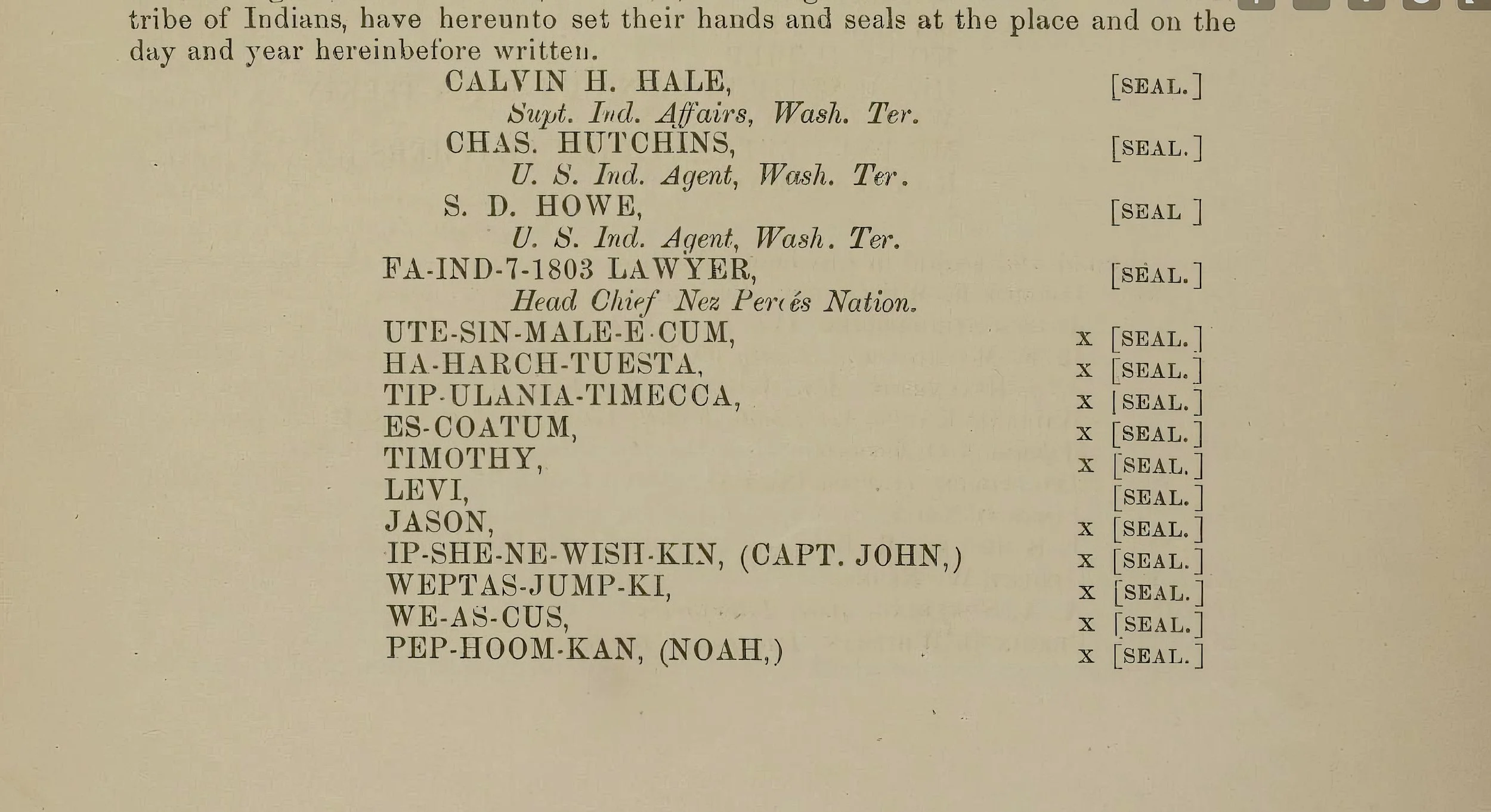 A close-up of an old document with handwritten and typed names, titles, and seal marks, including the name Calvin H. Hale and Chas. Hutchins.