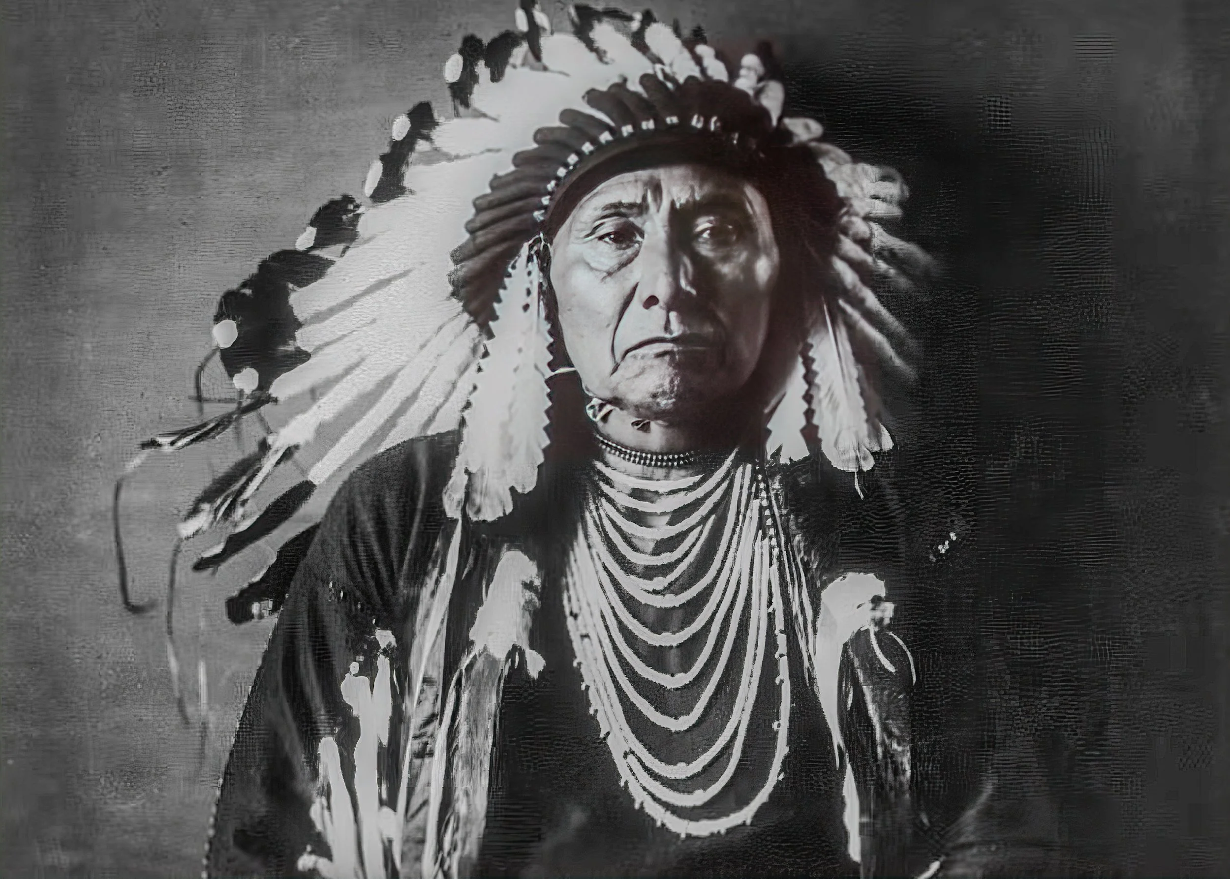 Black and white portrait of a Native American man wearing a traditional feathered headdress with a stern expression.