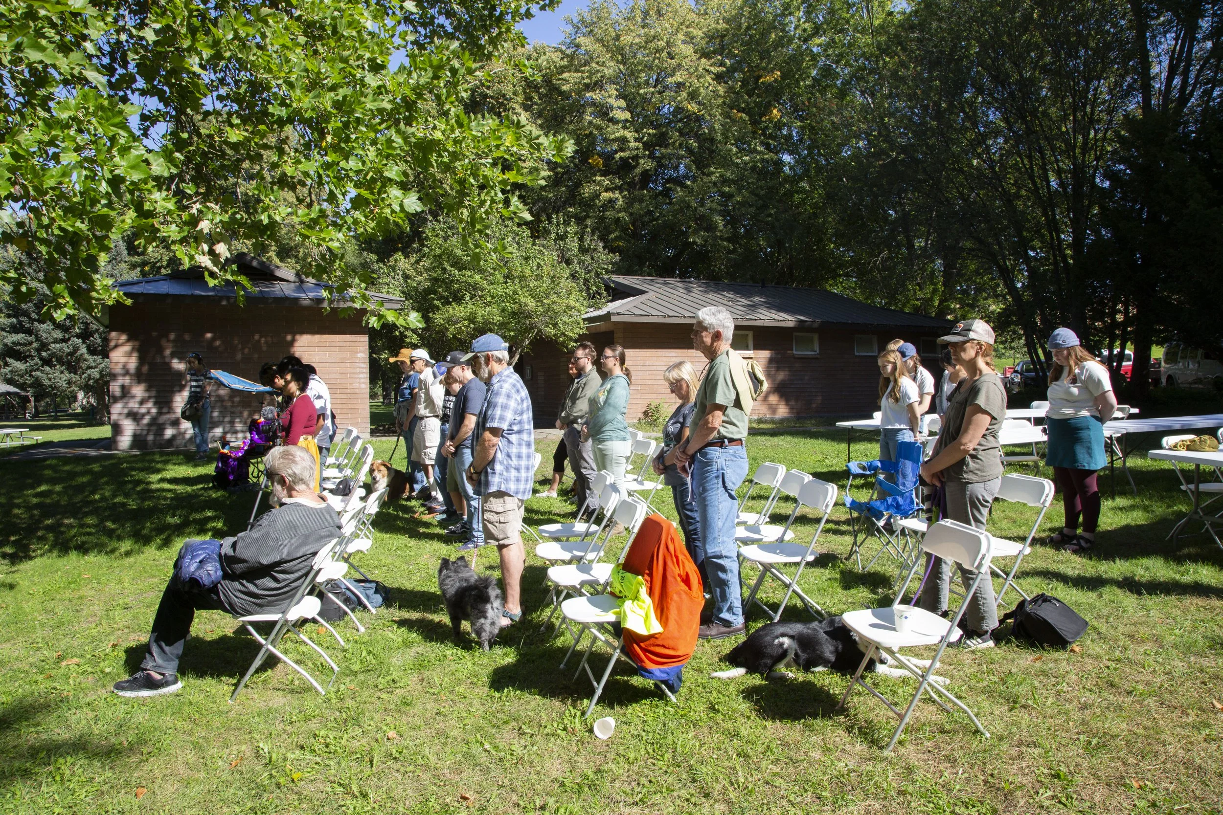 People standing in a line outdoors on a grassy area with white chairs, trees, and small brick buildings in the background, some with dogs.