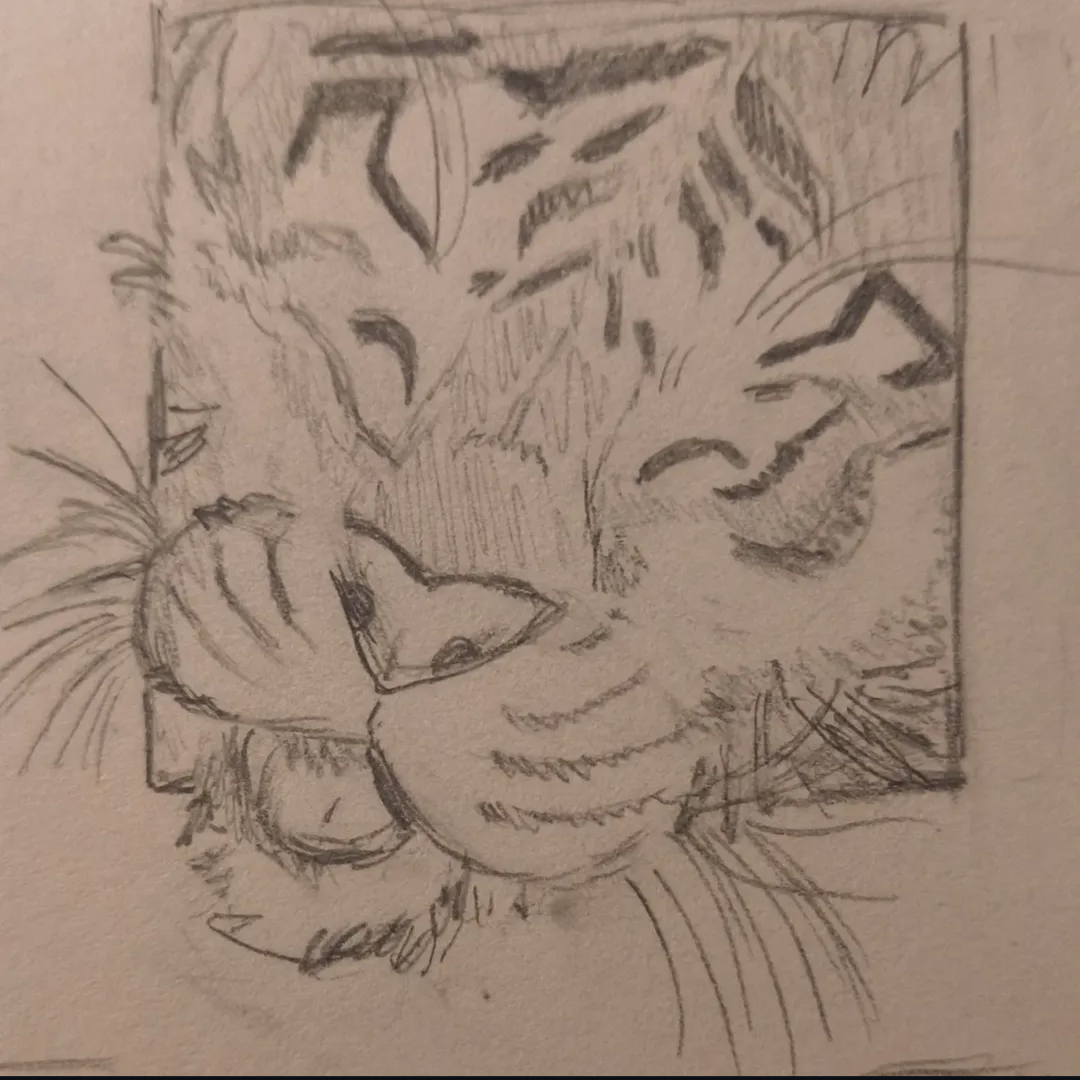 Hand-drawn sketch of a tiger's face with detailed features and stripes.