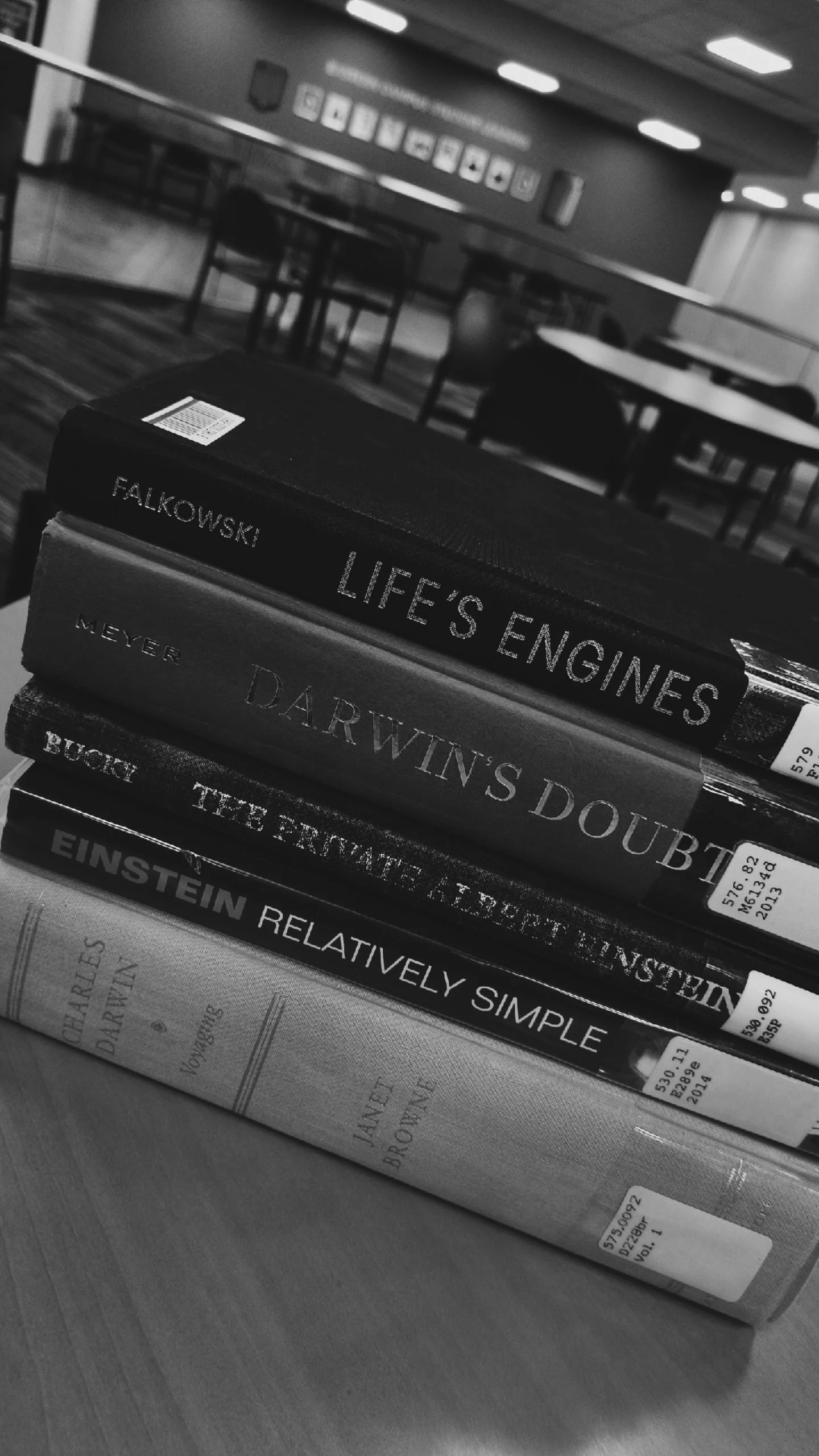 A stack of six books on a table, with a city library or bookstore setting in the background.