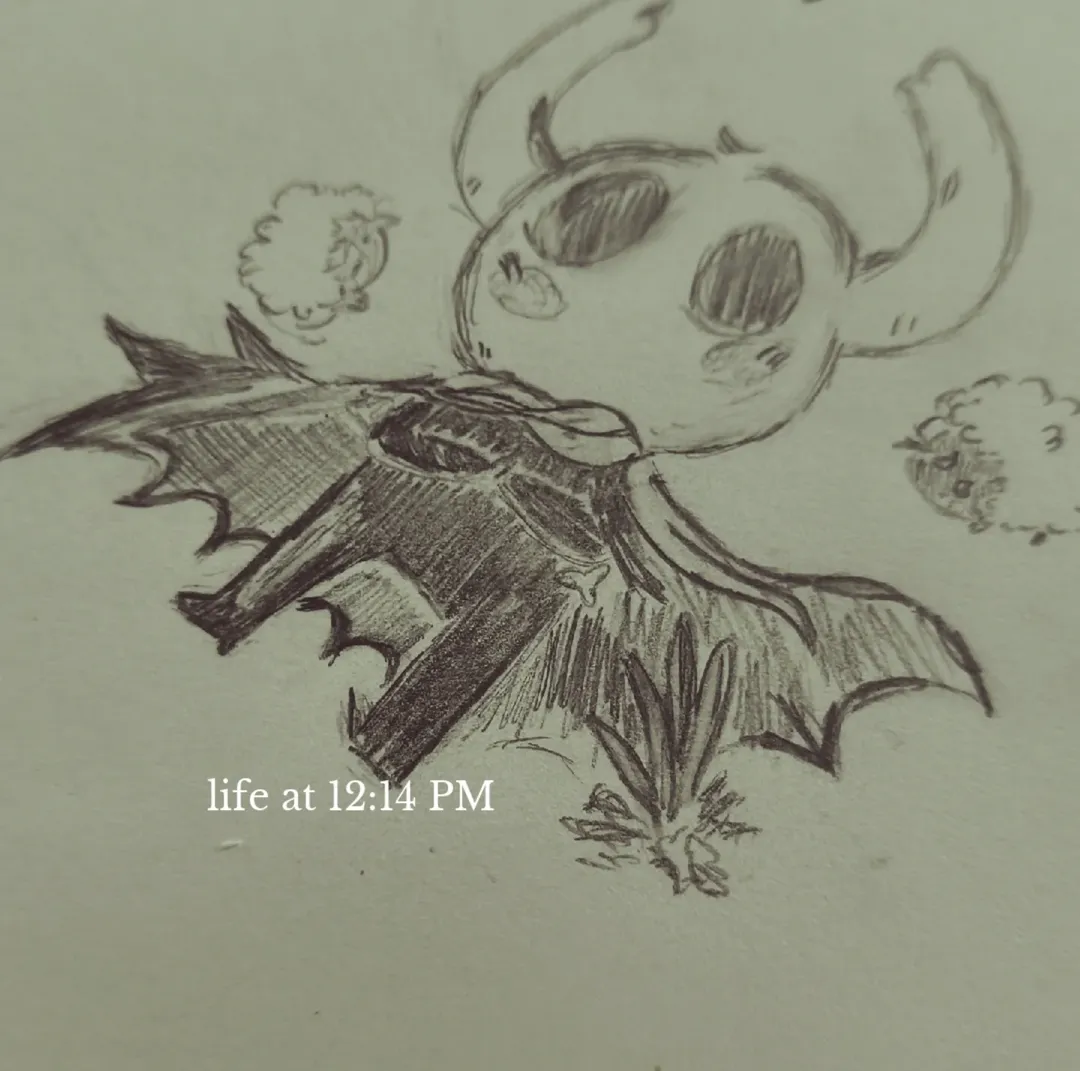 A pencil sketch of a cute, cartoonish creature with a round face, large dark eyes, and small horns. It has bat-like wings, wings are detailed with lines, and is standing on a bat-shaped branch. Two fluffy clouds are in the background. The caption reads "life at 12:14 PM".