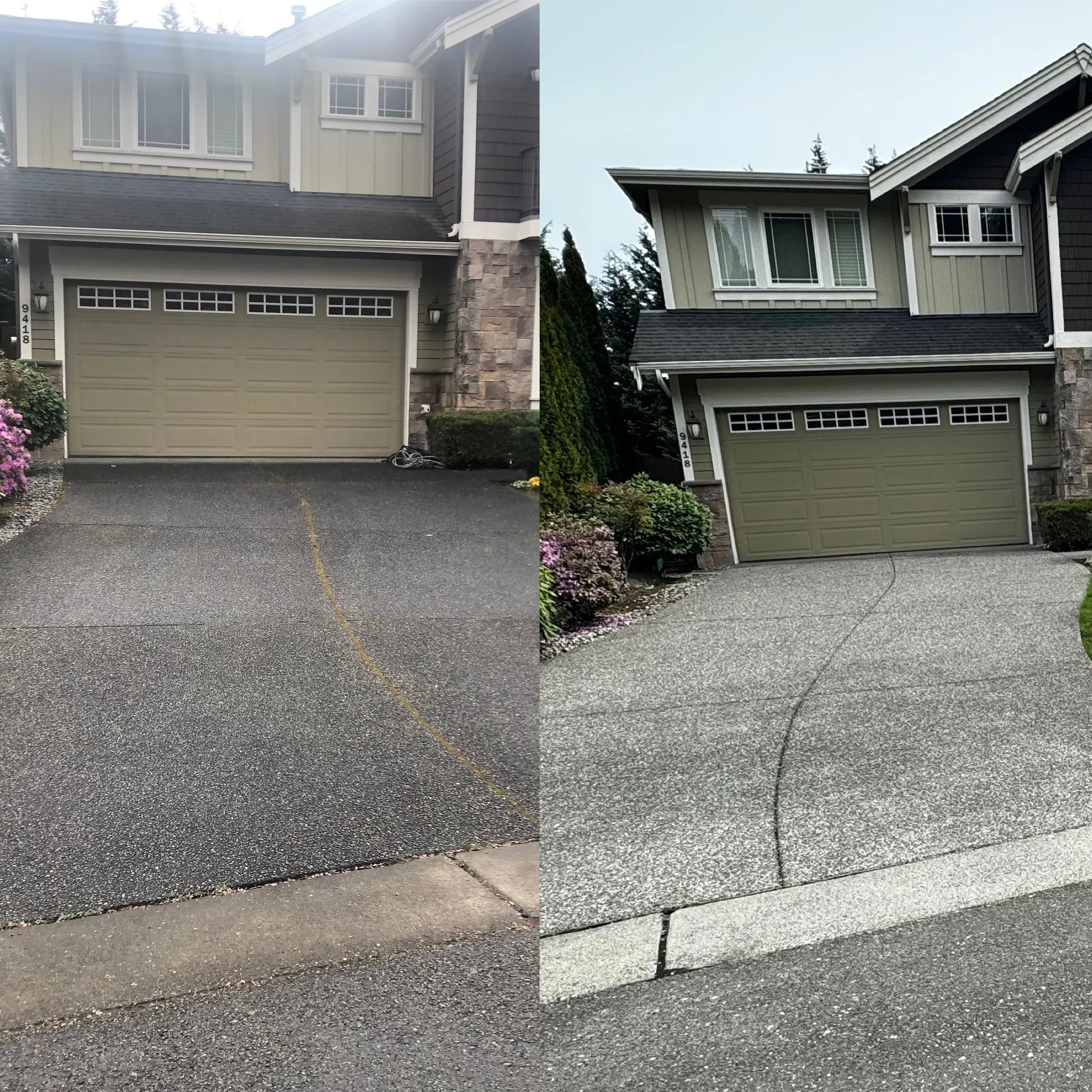 Side-by-side comparison of a house with a two-car garage and driveway. The left side shows the driveway with a darker, rough-textured surface, while the right side shows a lighter, smoother surface. The house features gray siding, stone accents, and a second-story window.
