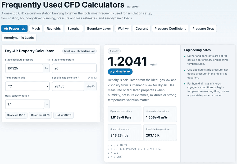 Frequently Used CFD Calculators interface showing engineering inputs and calculated results.