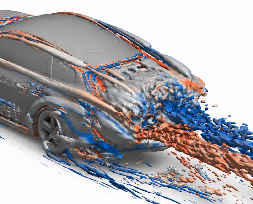 CFD vortex structures and wake flow around a passenger vehicle.