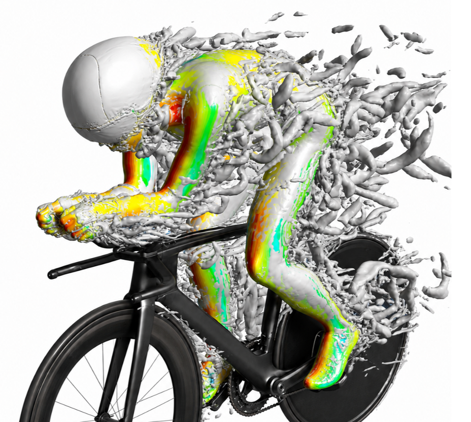 CFD vortex structures and surface contours around a racing cyclist and bicycle.