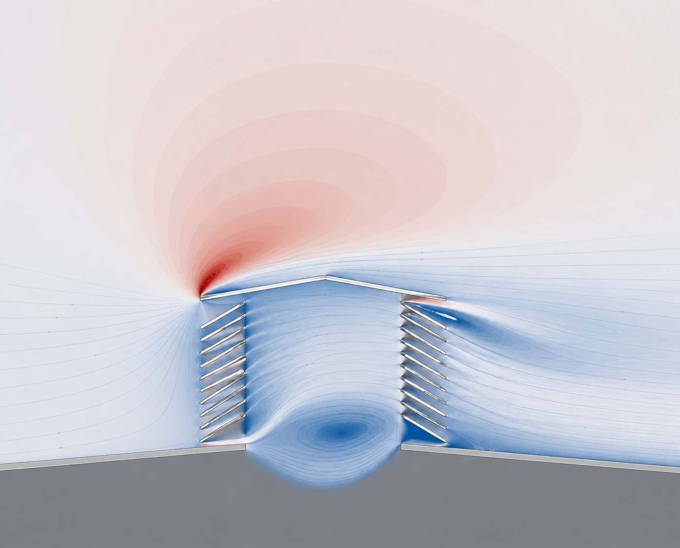 CFD streamlines and pressure contours around a tall building with facade fins.