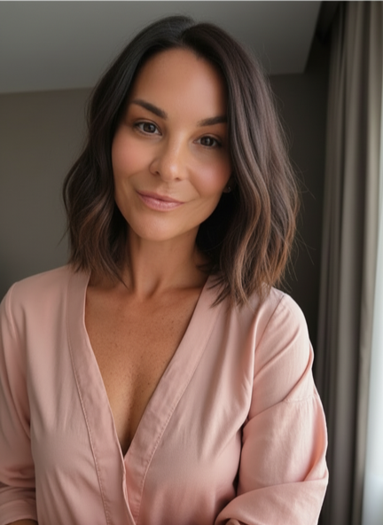 A woman with shoulder-length brown hair, smiling, wearing a light pink top, standing indoors near a window with curtains.