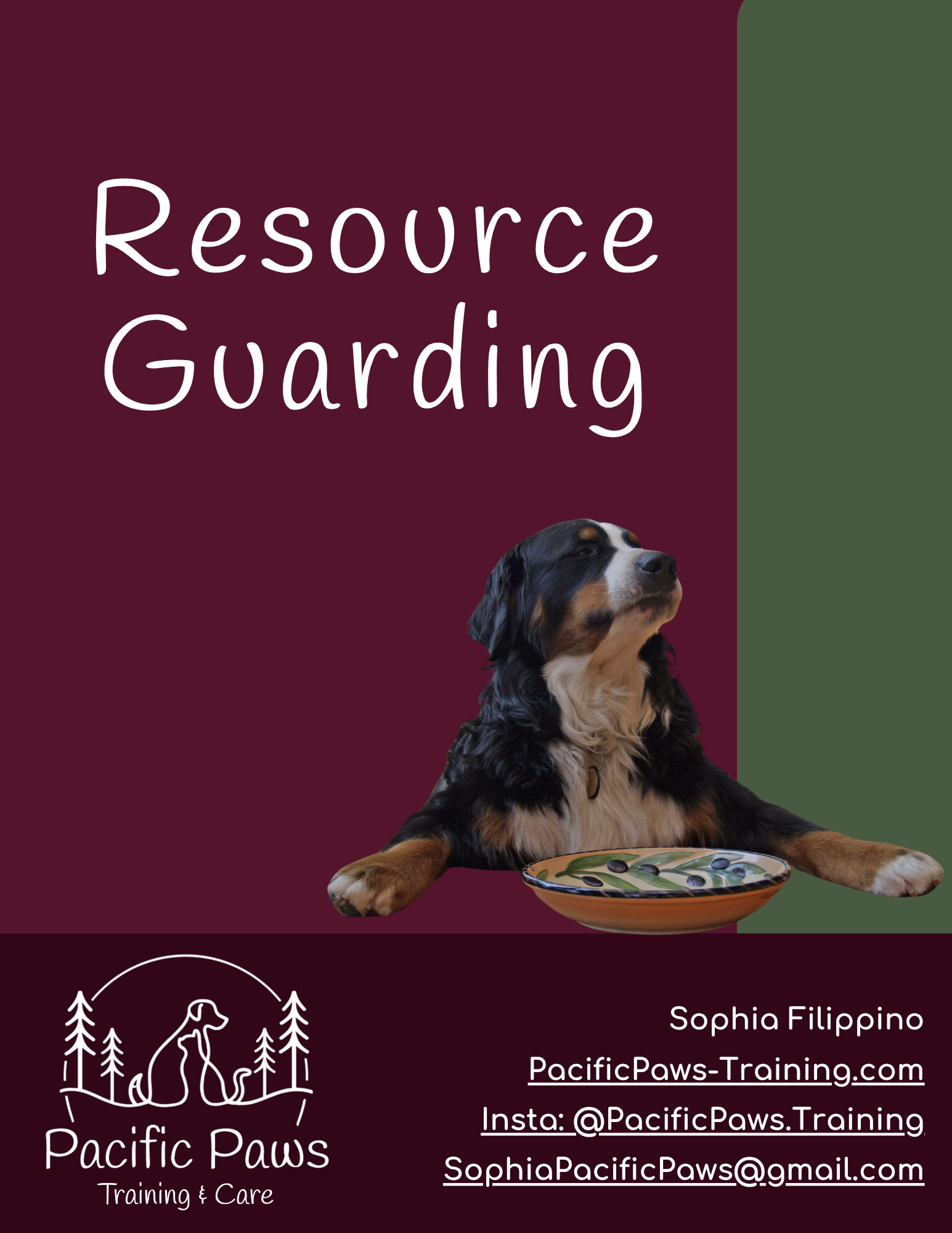 Cover of a resource guide titled 'Resource Guarding' featuring a dog with a bowl, and contact information for Pacific Paws Training & Care.