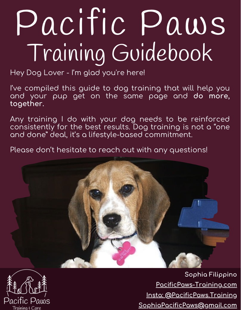 Cover page of Pacific Paws Training Guidebook featuring a puppy with a pink collar tag and text about dog training, contact info, and a logo.