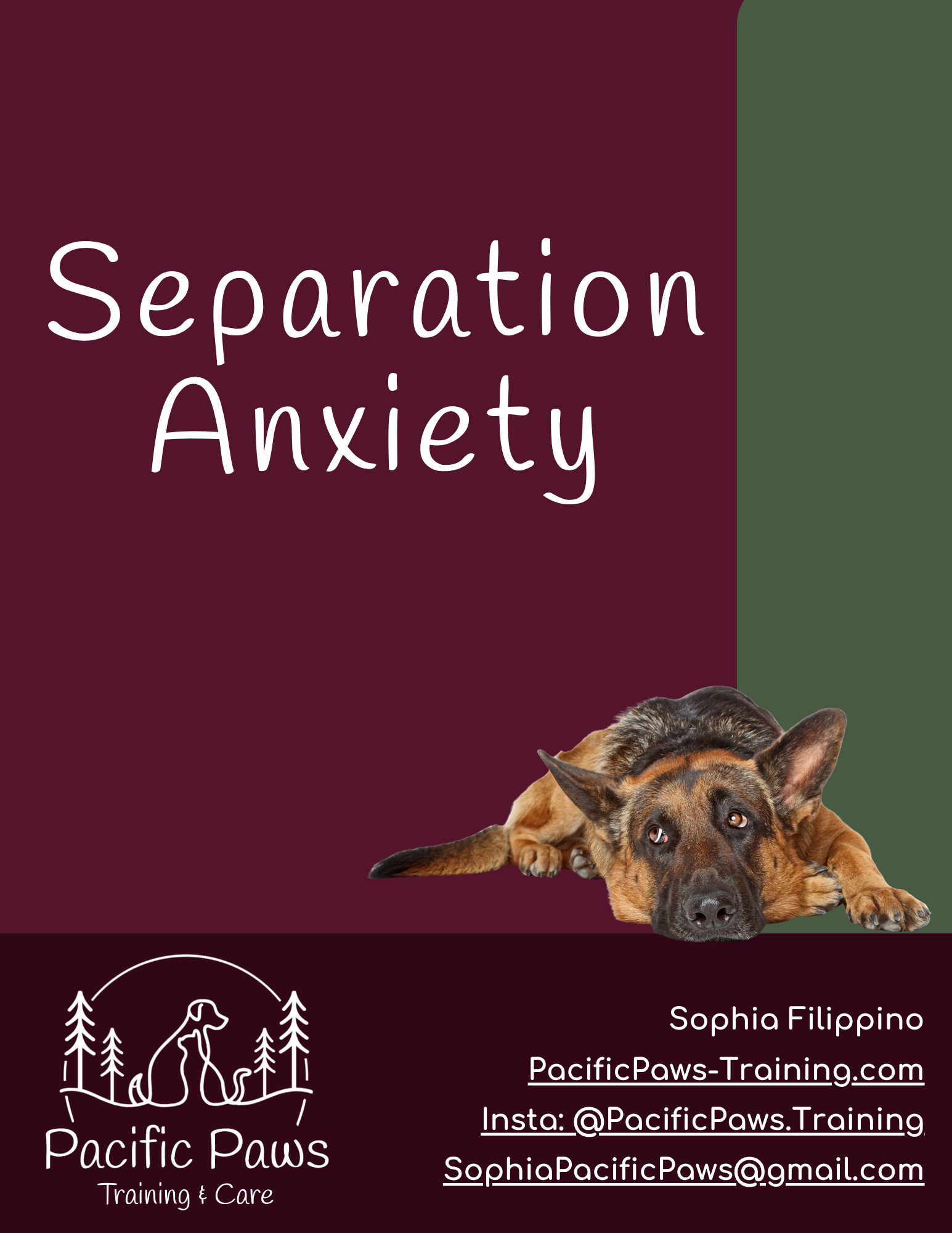 Book cover titled 'Separation Anxiety' with a picture of a lying German Shepherd dog and contact information for Pacific Paws Training & Care.