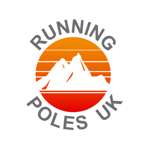 A circular logo with an orange sunset in the background and two distant mountains. The text 'RUNNING POLES UP' surrounds the circle.