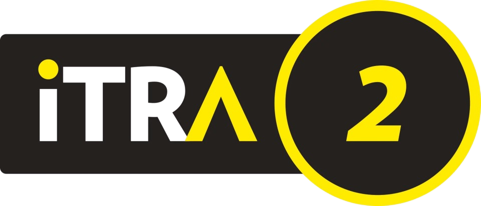 Close-up of a logo with the text 'iTRA' and the number '2' inside a yellow circle on a black background. Itra qualifier race.
