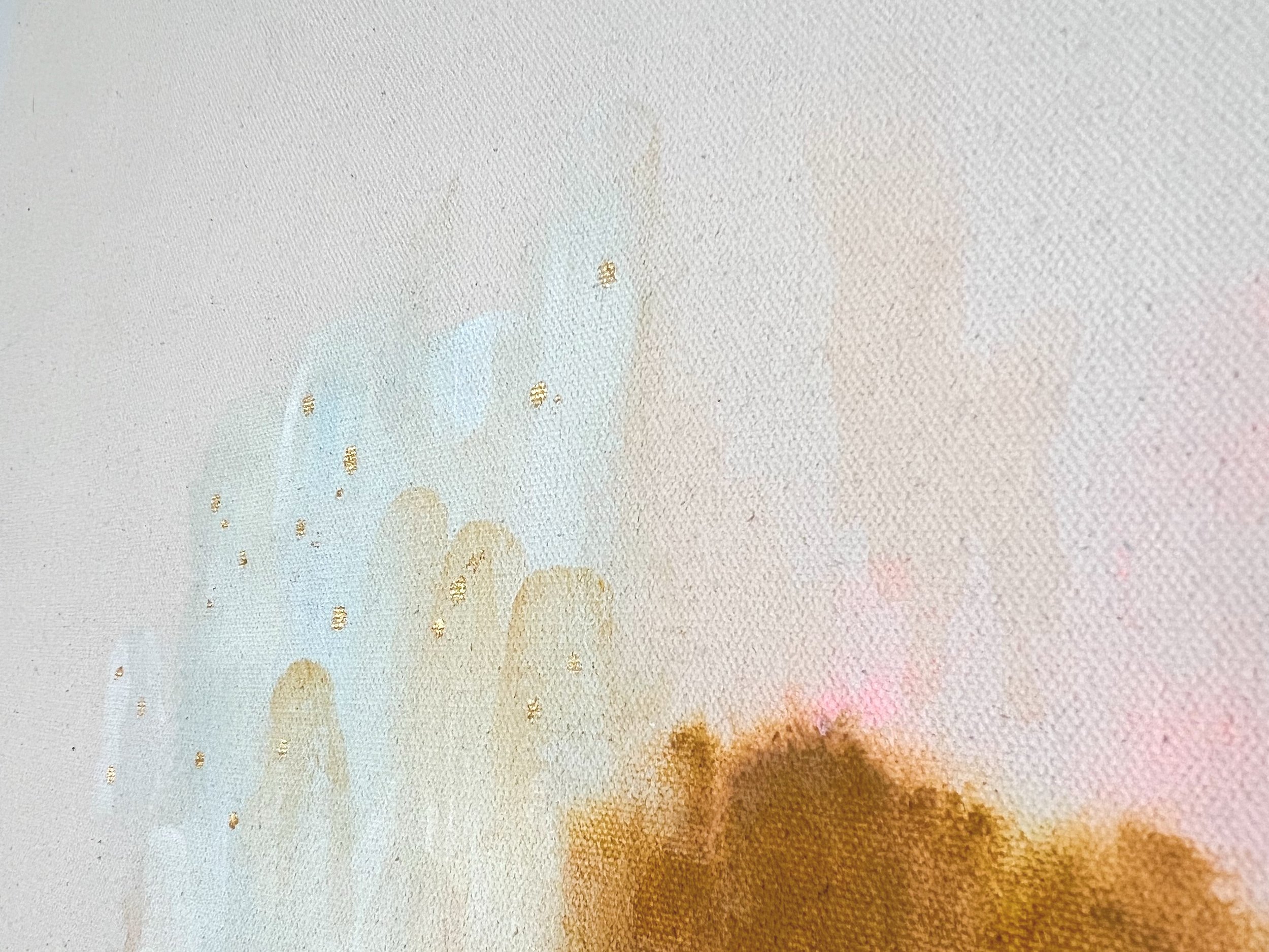 Detail image of The Lights are on at the Temple, showing white "temples" with glowing gold leaf windows scattered throughout and a brush of mustard yellow in the bottom right corner