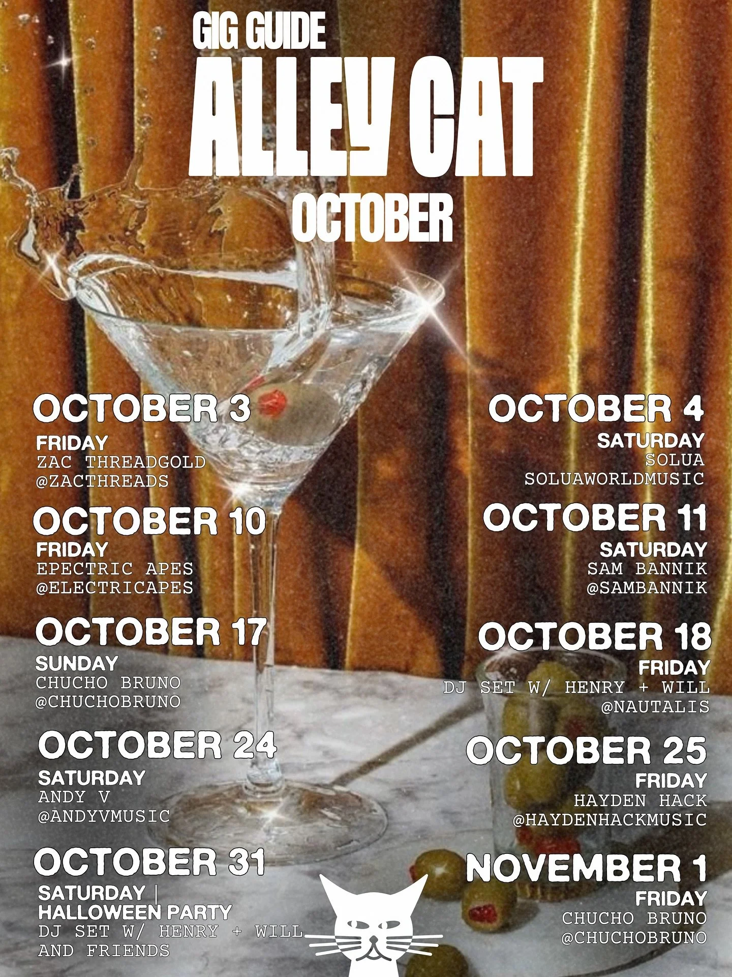 Bring on October! Summer&rsquo;s calling, and we&rsquo;re turning it up 💿

Join us for live music every Friday &amp; Saturday night from 6-9PM

Live music, great food, better cocktails. Silly season is just around the corner.