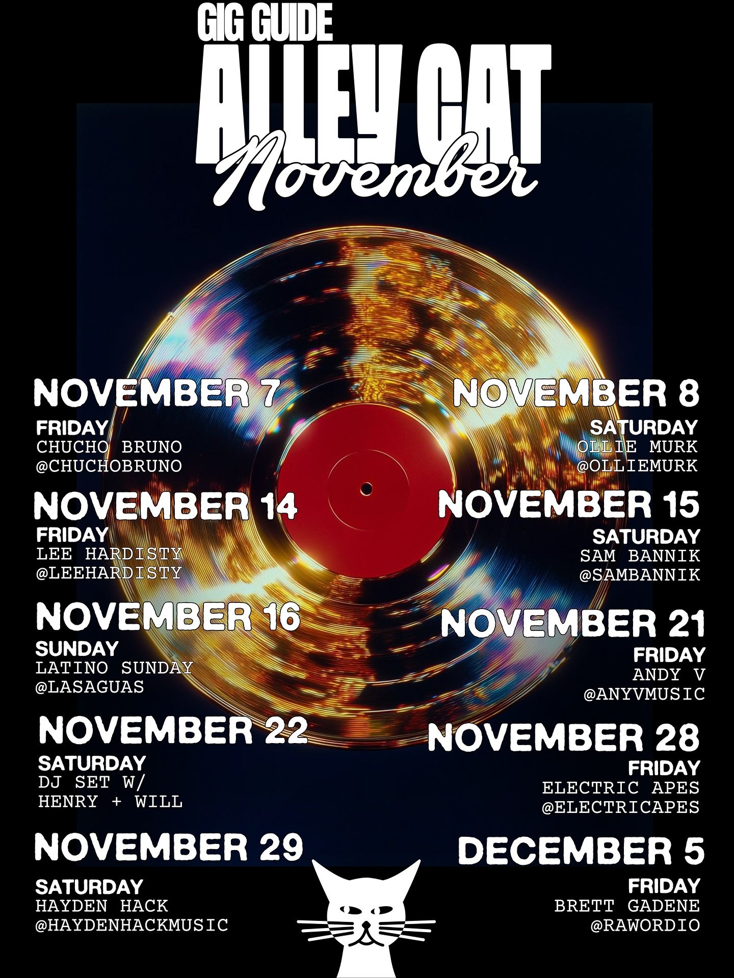 NOVEMBER, SUMMER IS HERE 🍸🪩

We&rsquo;ve got a bunch of stuff happening this month for our Friday &amp; Saturday nights in the Alley. Join us for live music &amp; a good time for the afternoon w/ live music kicking off from 6PM.

LATINO SUNDAY - 16