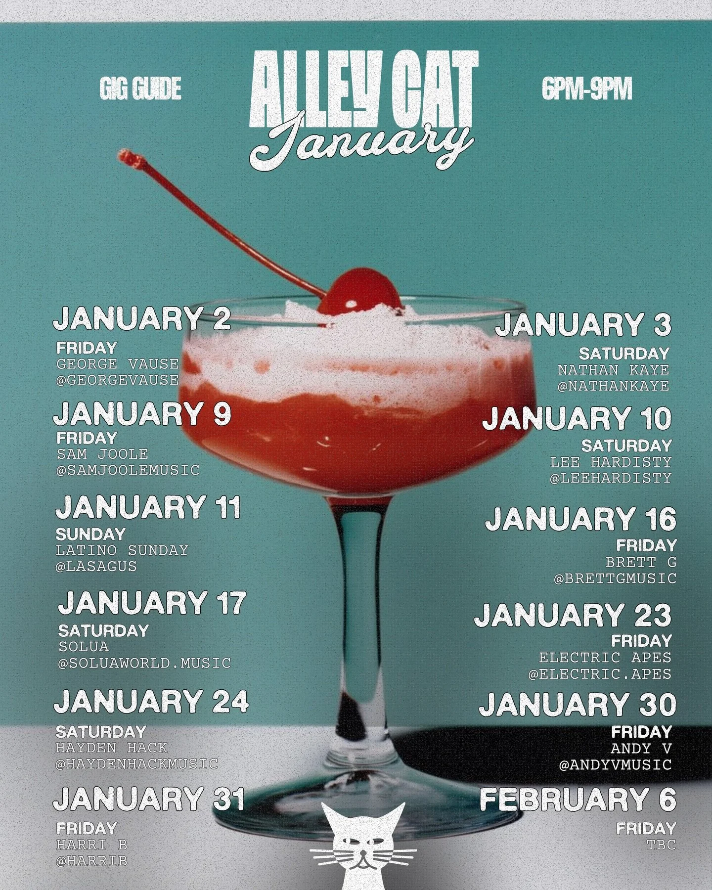 JANUARY 🍒🪩🍸

Summer is calling, live music from 6-9pm Friday &amp; Saturday! Join us for a good time w/ some nibbles and drinks.

SEE YOU THERE