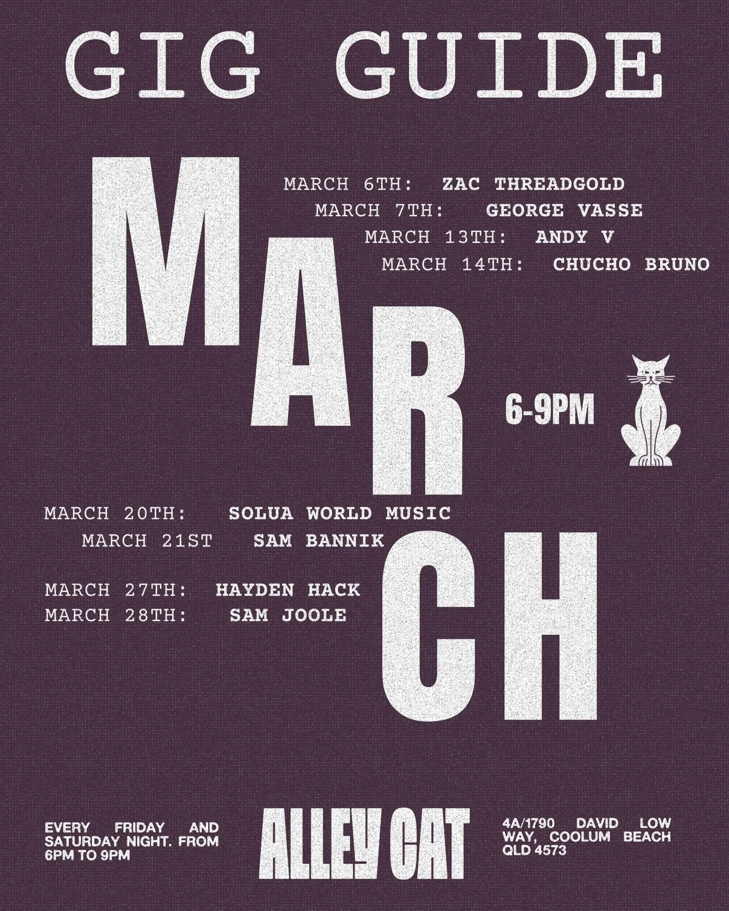 MARCH GIG GUIDE // Join us for live music and drinks all afternoon long w/ live tunes from 6PM Friday and Saturday nights 💃

Mojito weather is calling, see you in the Alley 🪩