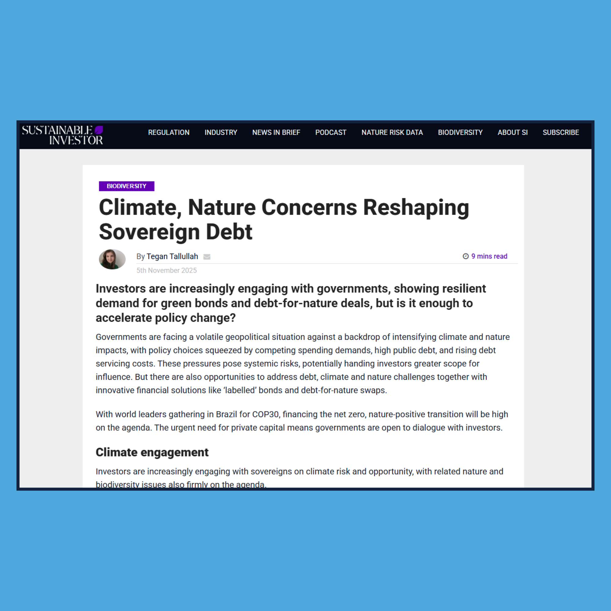 Feature article published in Sustainable Investor