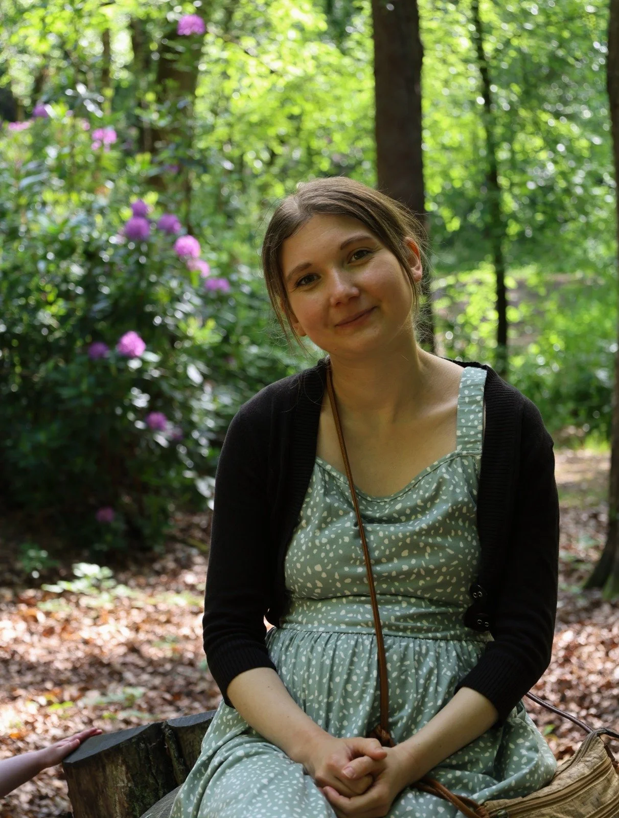Photo of a young woman sitting on a tree stump in a woodland