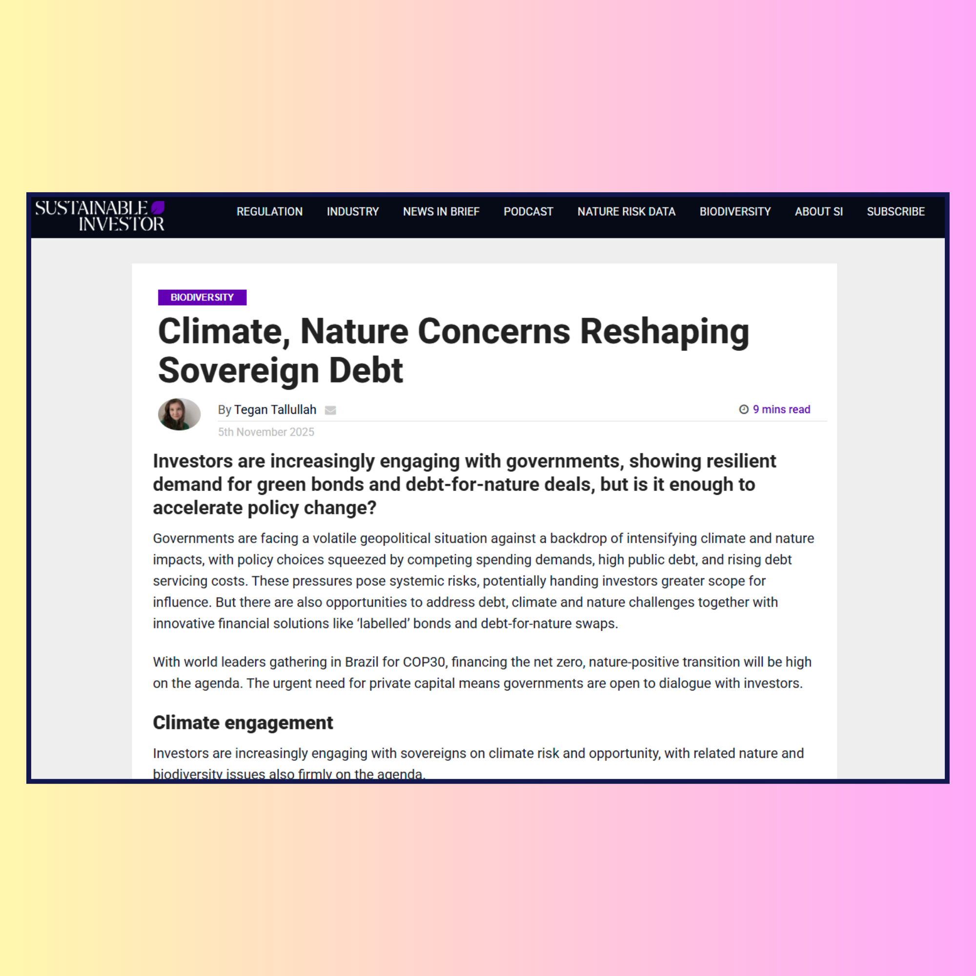 Feature article published in Sustainable Investor