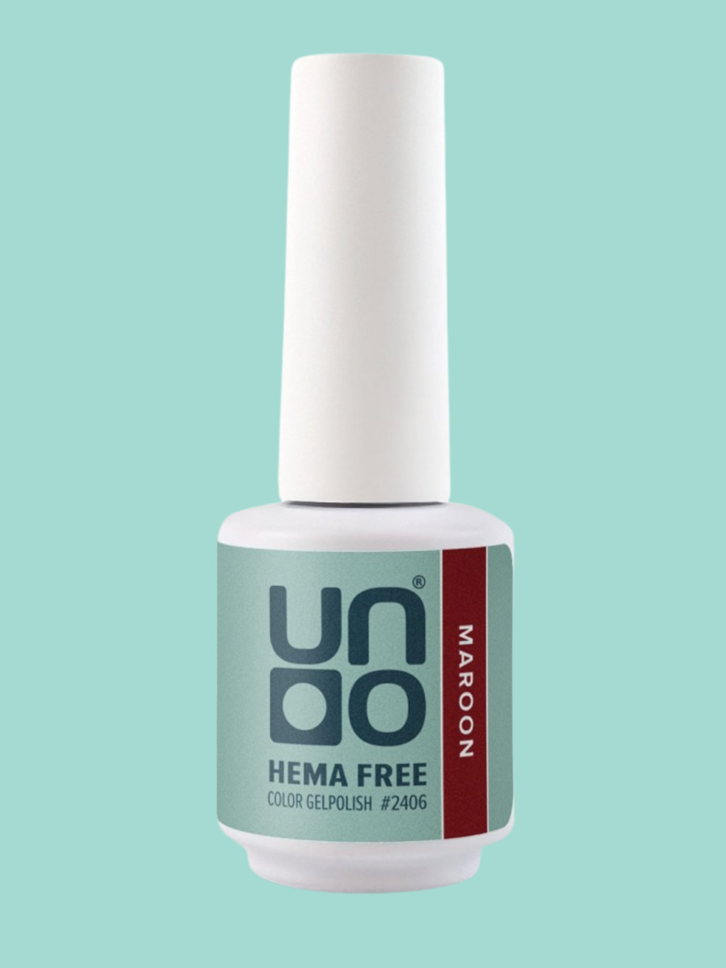 Bottle of UNON HEMA Free gel nail polish in Maroon color with a white cap on a light blue background.