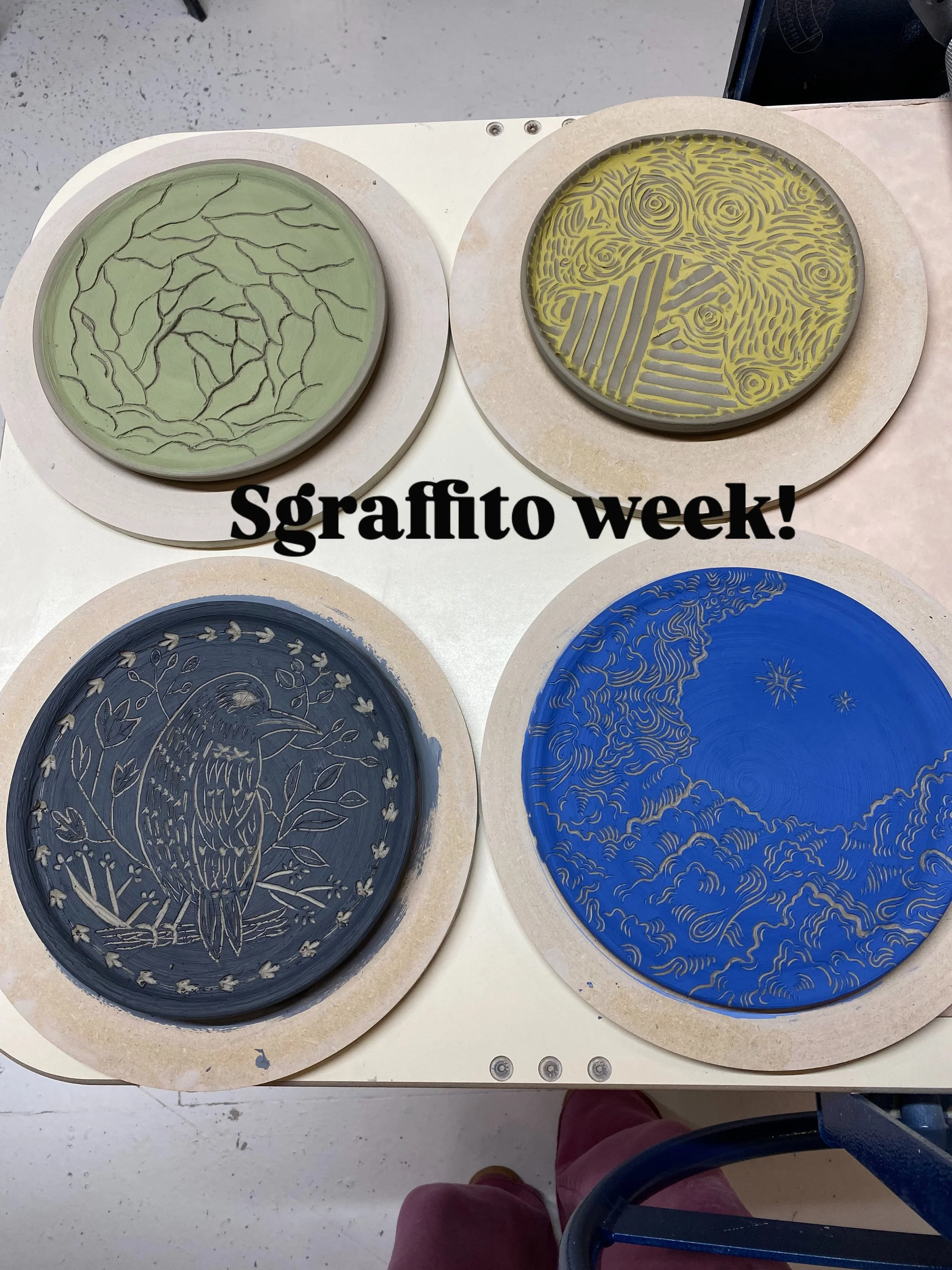 How good are these?! Week 3 of our Monday evening general pottery course.

So far we&rsquo;ve thrown, turned, pinched and now sgraffitoed! Slabs, coils and glazing to go&hellip;