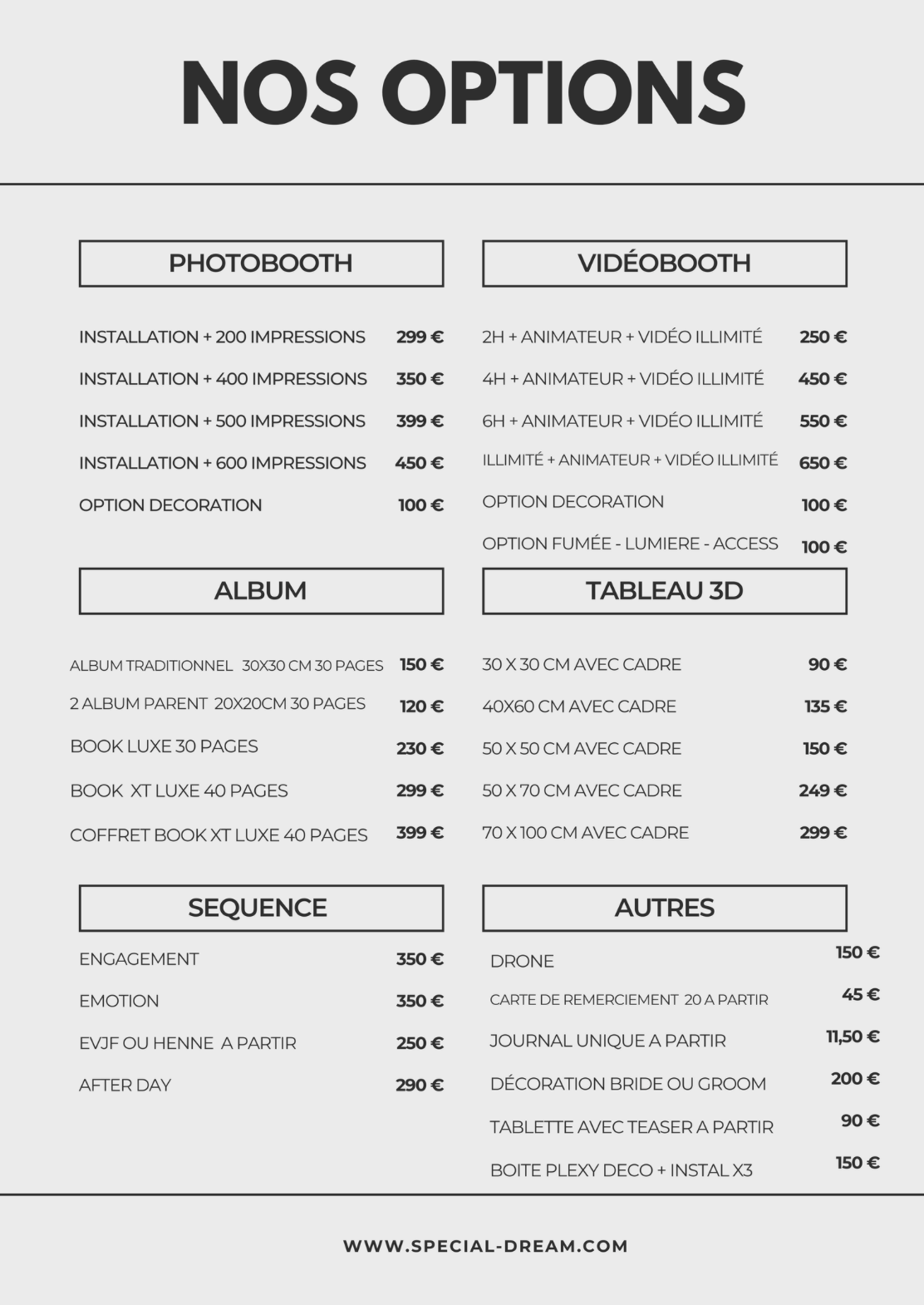 Menu de services proposant des options pour photobooth, vidéobooth, album, tableau 3D, séquence et autres services, avec prix en euros.