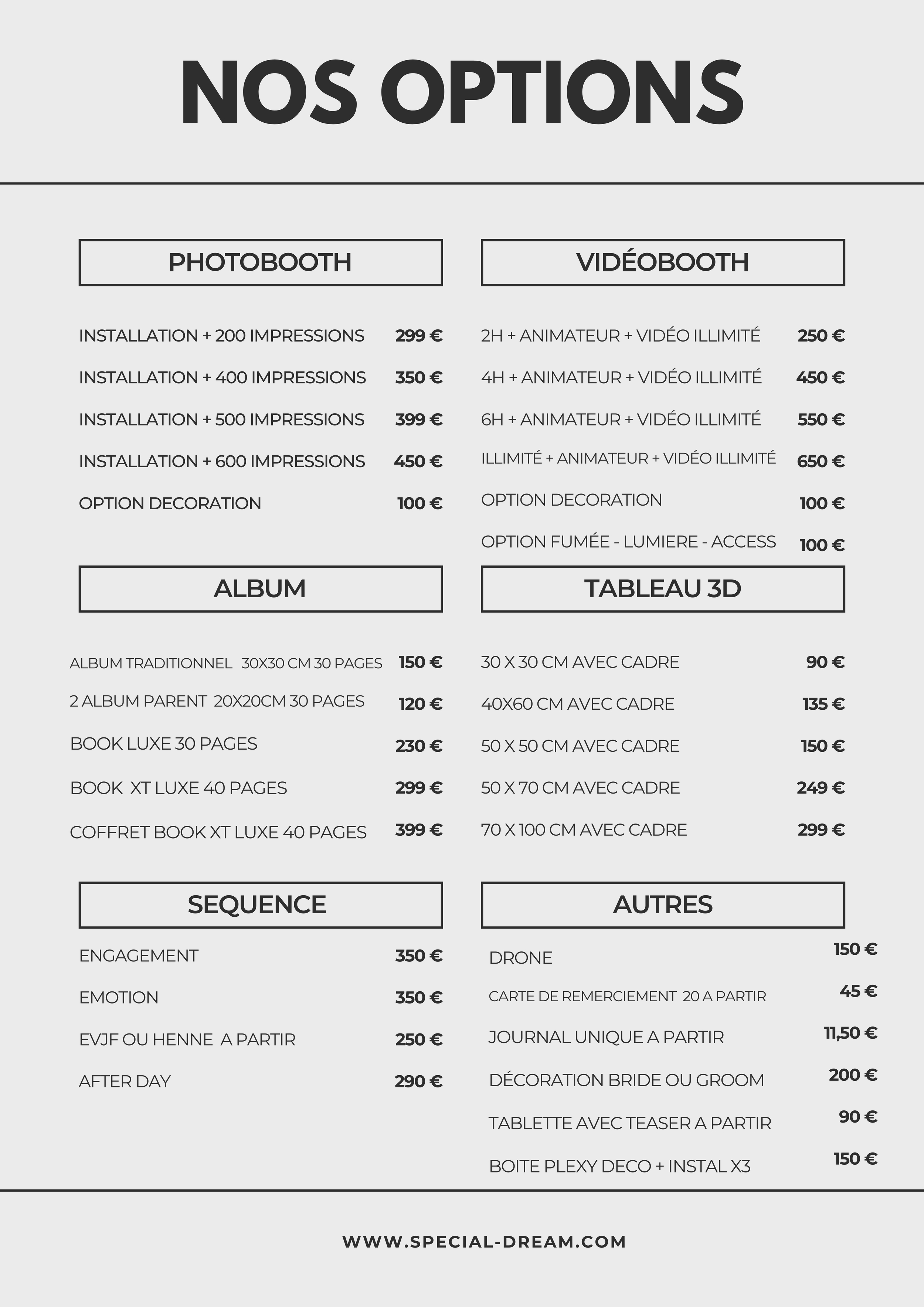 Liste de tarifs pour différentes options d'événements, comprenant des options pour photomaton, vidéomaton, albums, tableaux 3D, séquences et autres prestations, avec prix en euros.