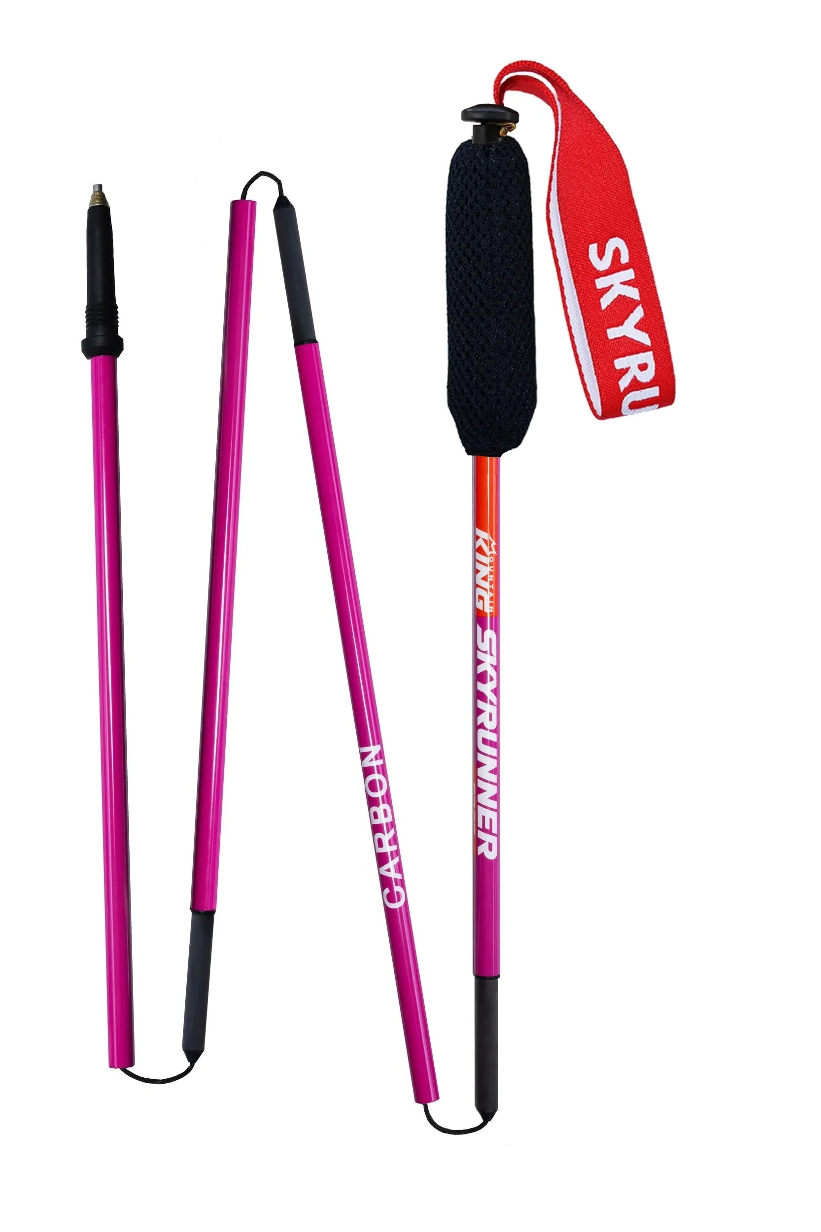 Three pink ski poles with black handles and a black foam grip, one of which has a red and white strap labeled "SKYRU" attached to the handle.