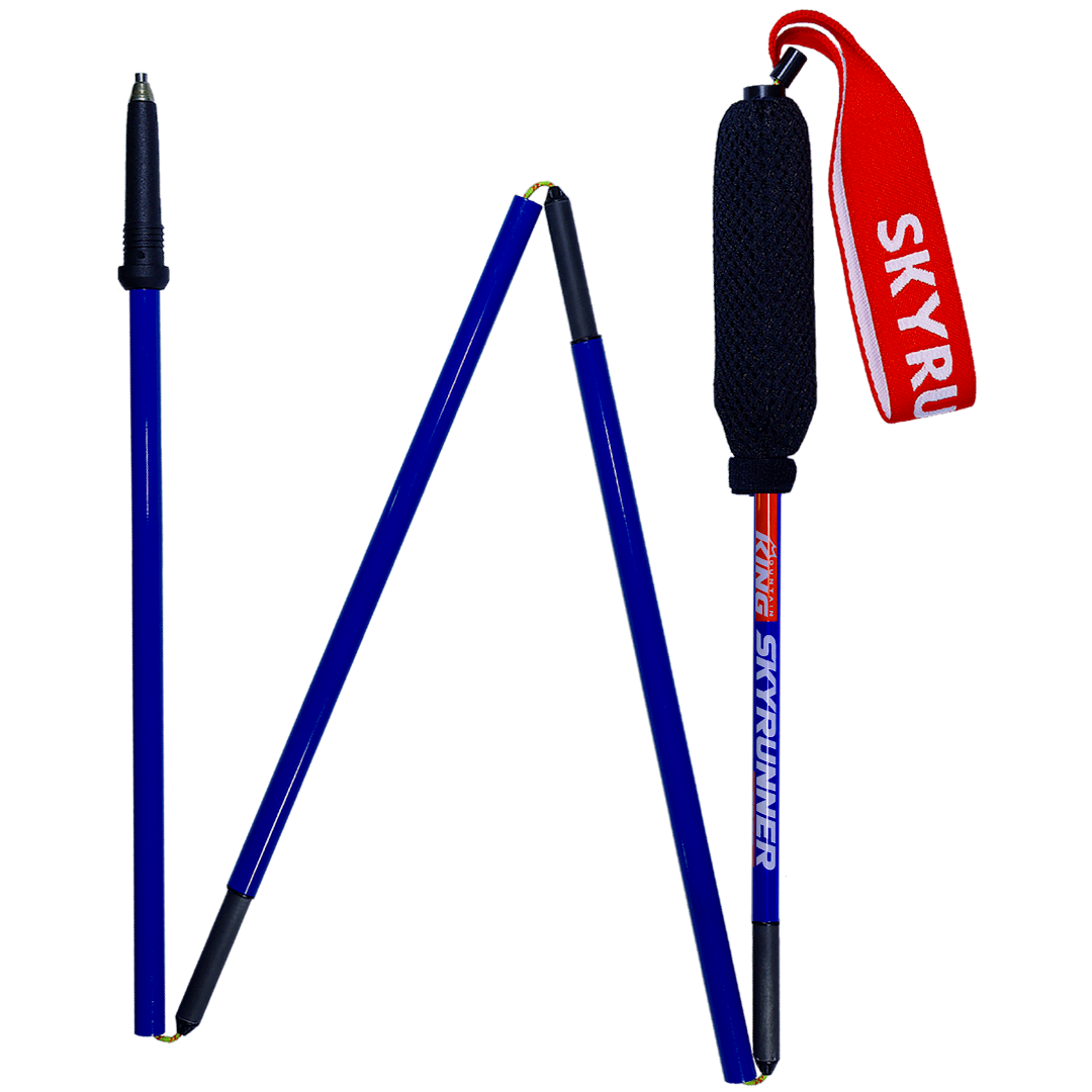 Skyrunner hockey stick and helmet with a red strap.