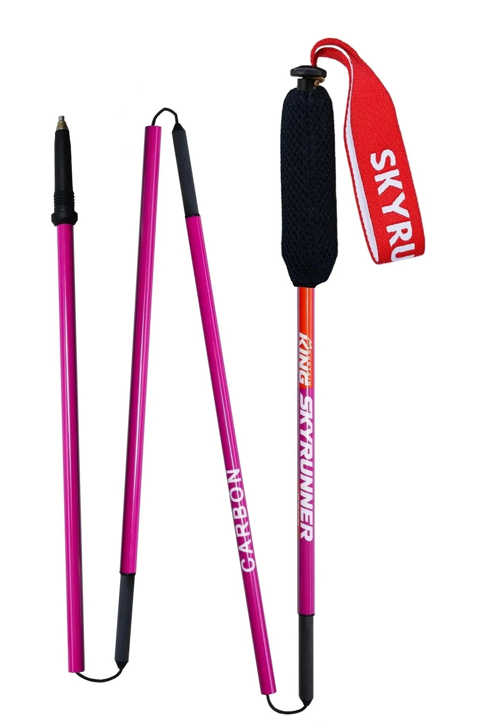 Three pink ski poles with black tips, one with a foam grip, and one with a red and white strap labeled "SkyRun".