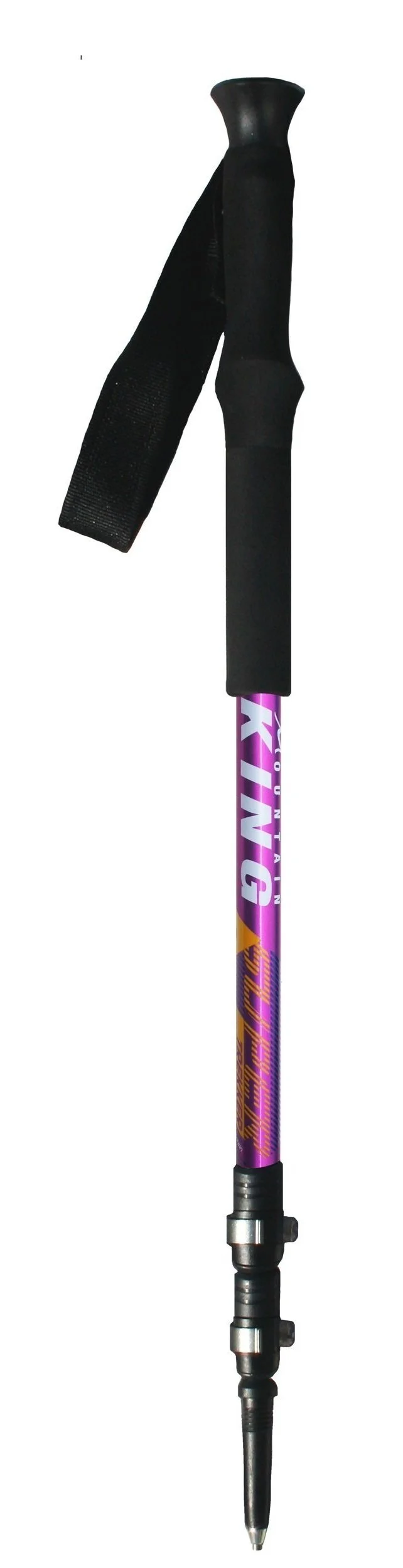 Person hiking on a trail using a pair of trekking poles, one in each hand, with the pole tips planted on the ground for stability and support while walking