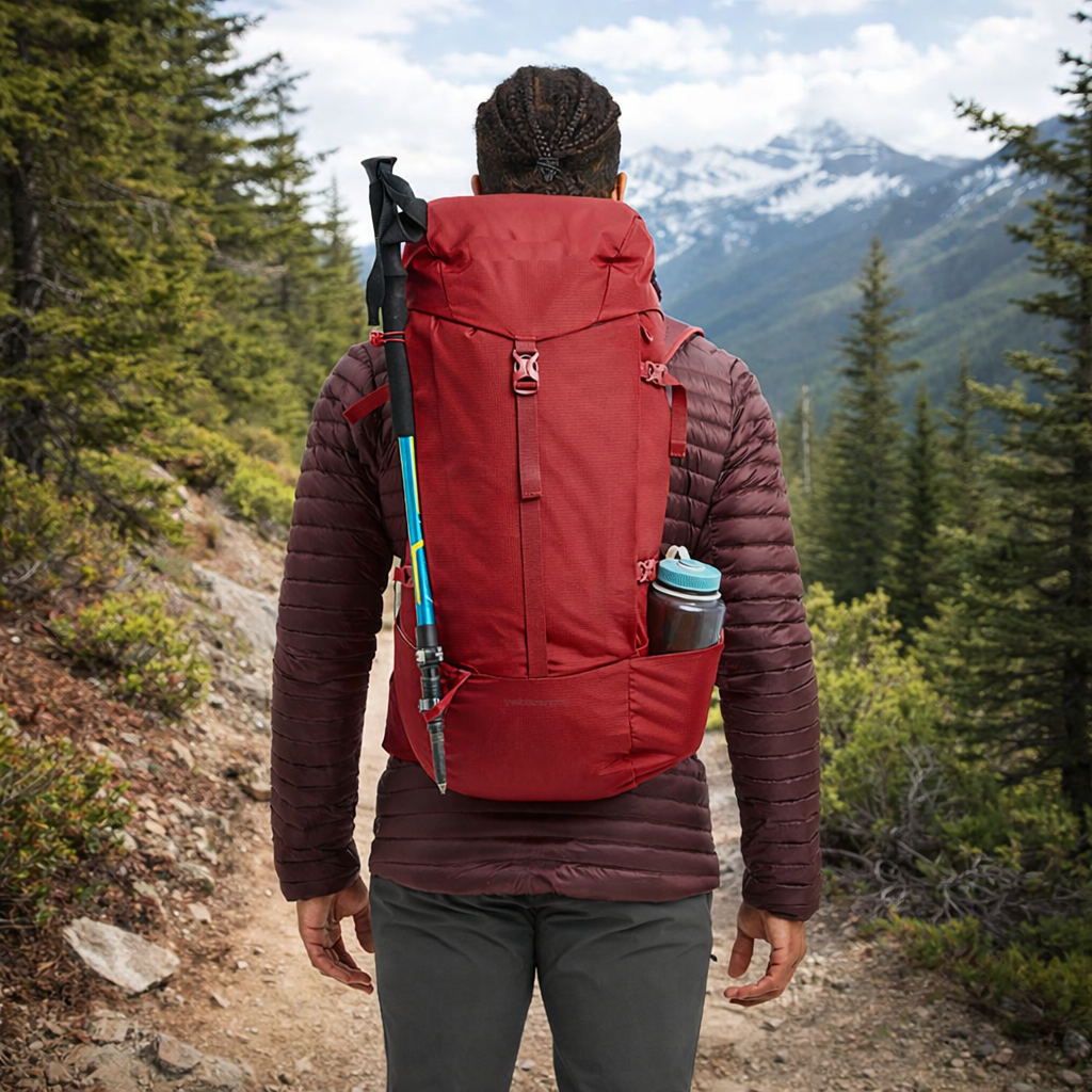 A person with braided hair wearing a maroon jacket and black pants, carrying a large red backpack with a water bottle and walking stick attached, hiking on a trail surrounded by trees and mountains with snow-capped peaks.