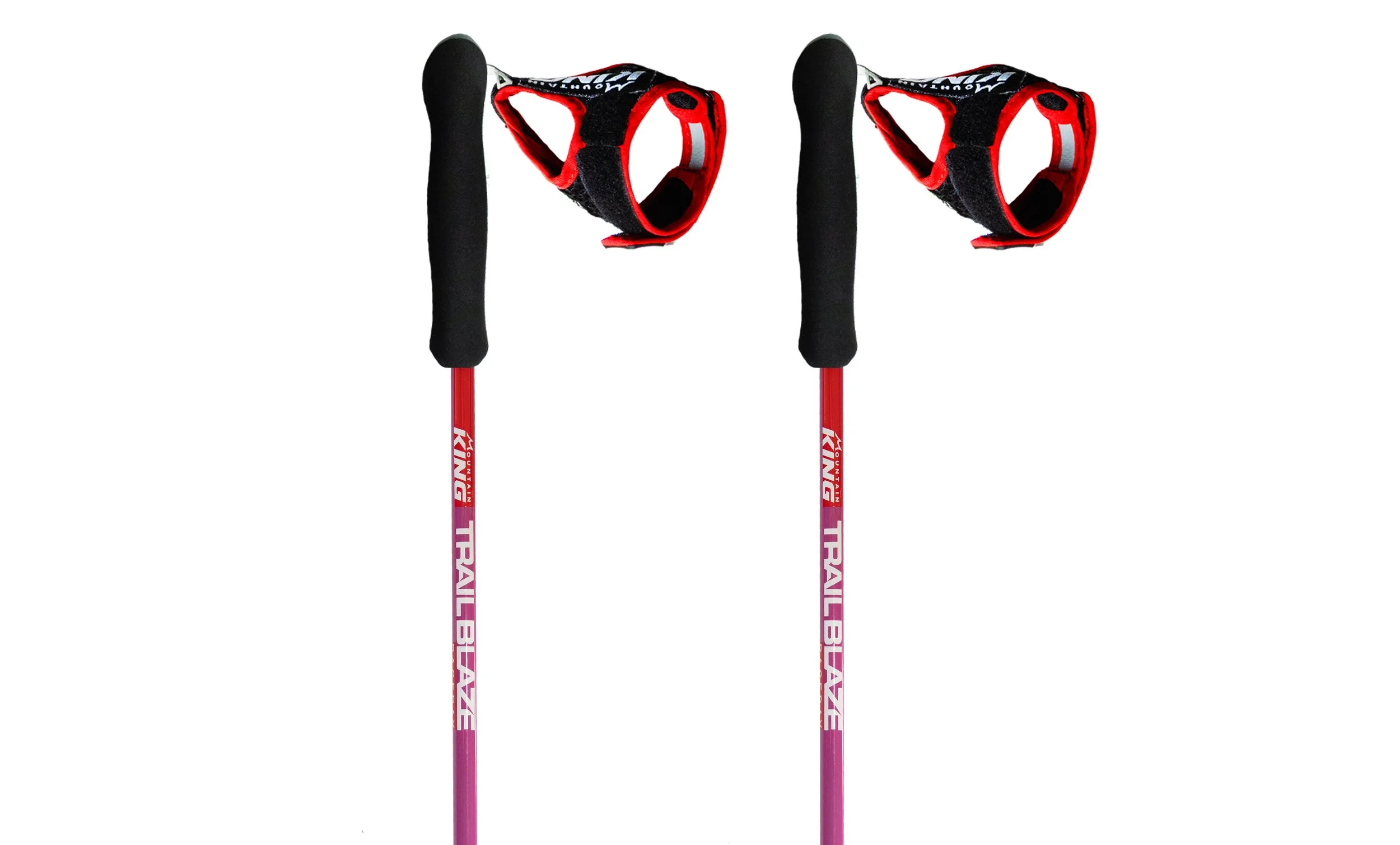 Close-up of Mountain King SkyRunner Edge pole showing lightweight carbon construction and glove system, designed for trail running and endurance racing
