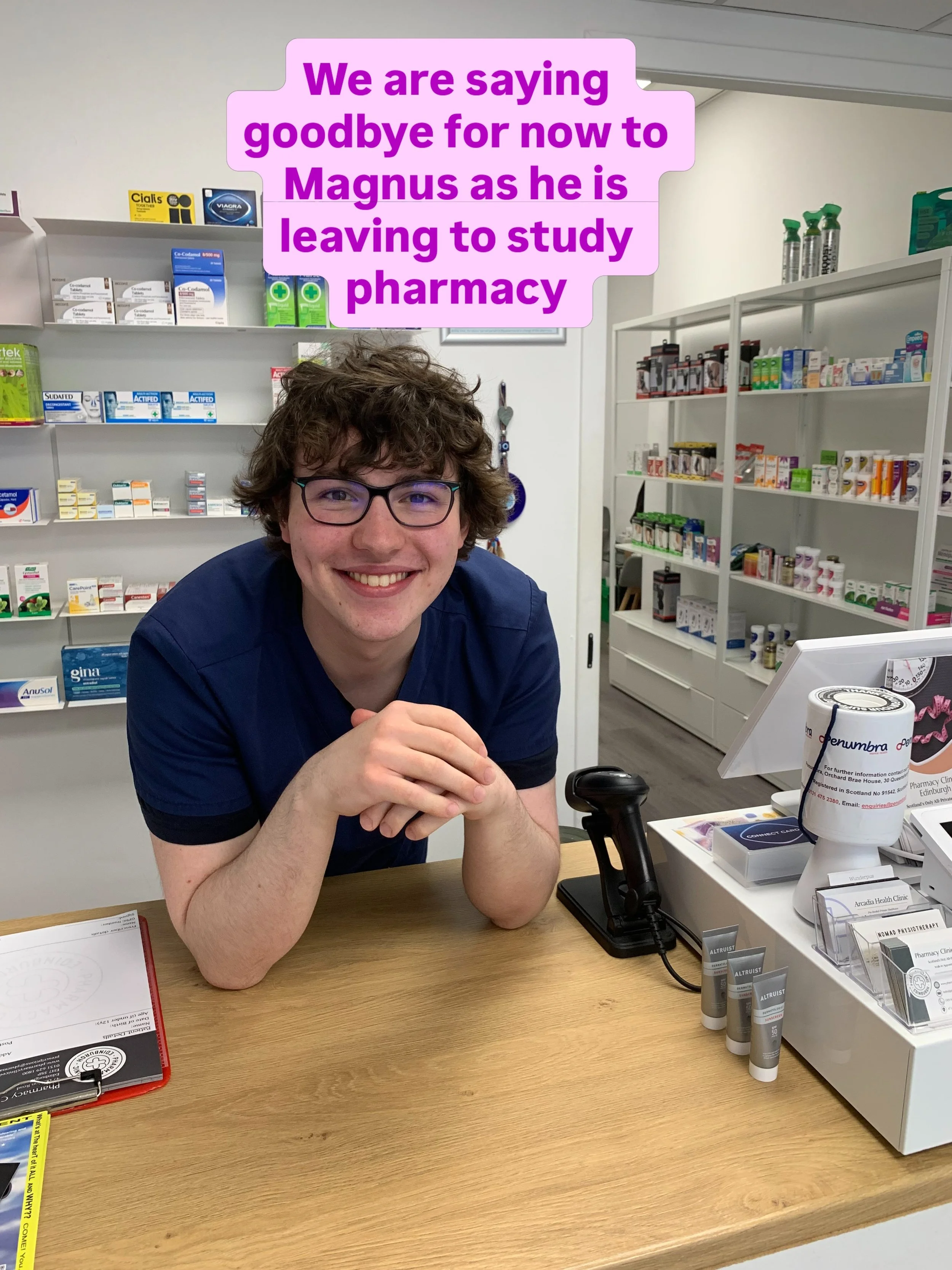 Today is a very sad day as it is Magnus&rsquo;s final shift for now here at pharmacy clinic Edinburgh as he goes off into the distance to study pharmacy we wish him luck in his study&rsquo;s and future. #pharmacyclinicedinburgh #studying #pharmacy #f